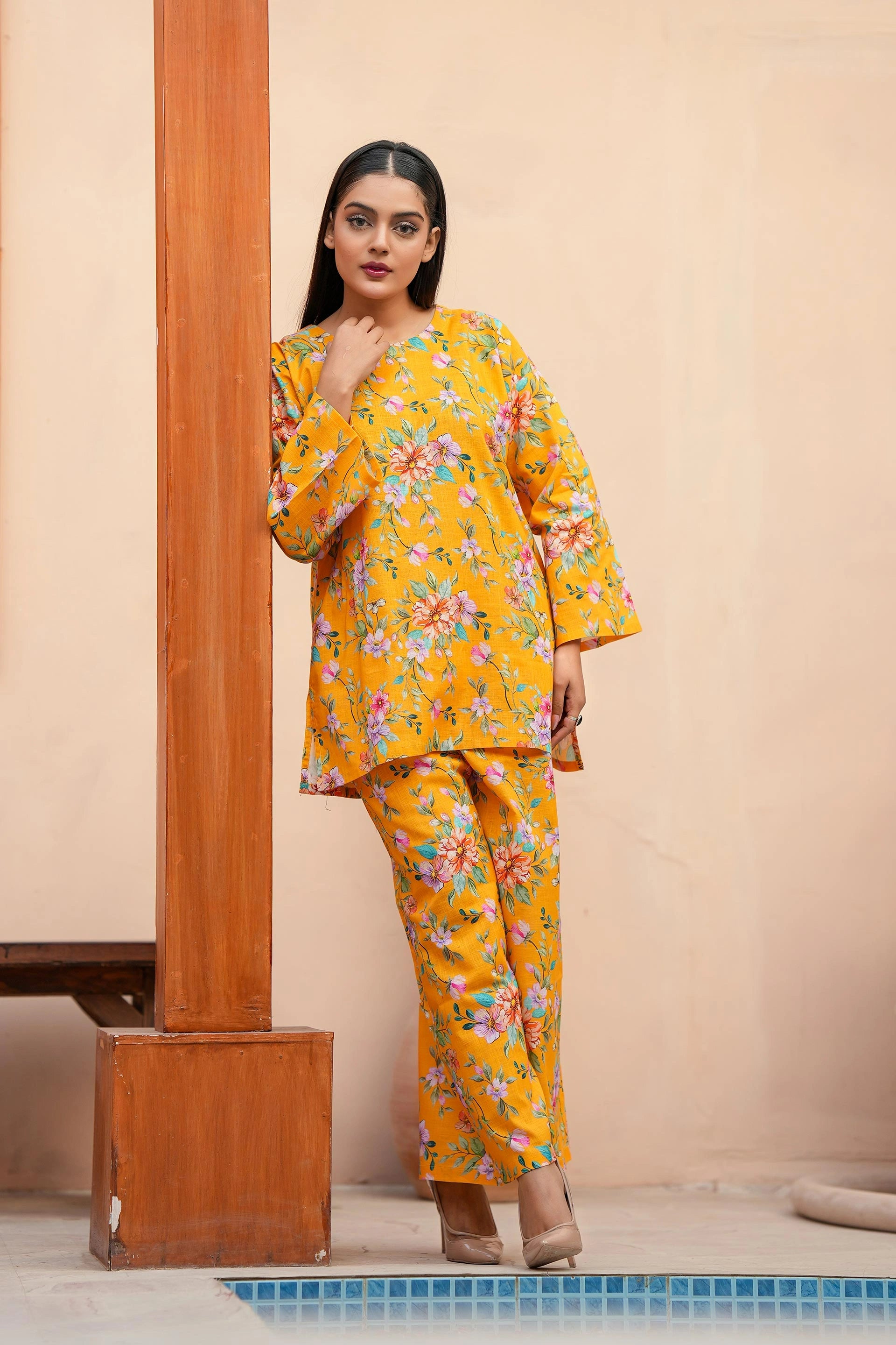 Premium Yellow Floral Printed Two-Piece Suit