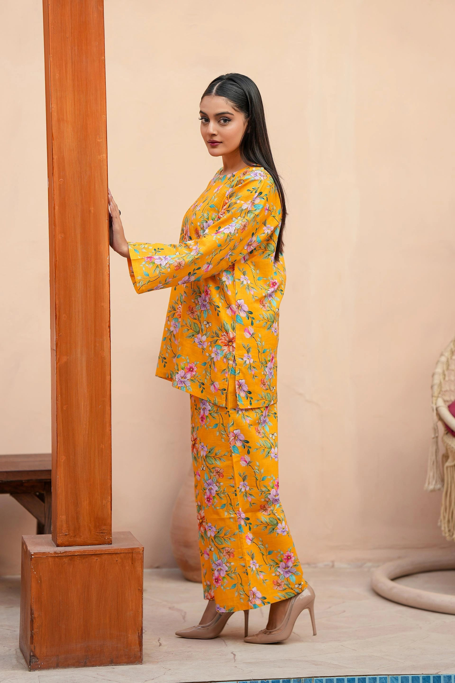 Premium Yellow Floral Printed Two-Piece Suit