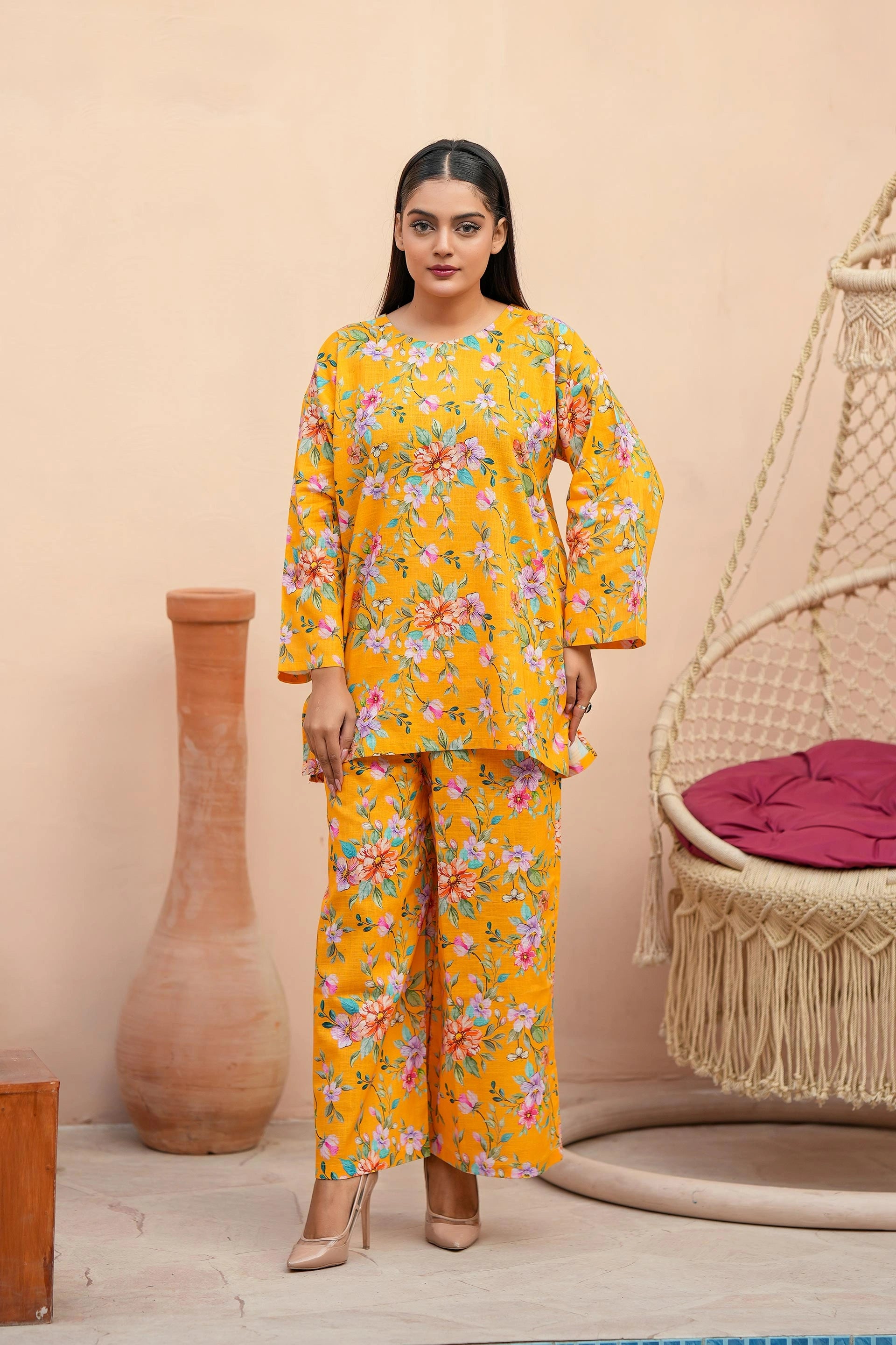 Premium Yellow Floral Printed Two-Piece Suit
