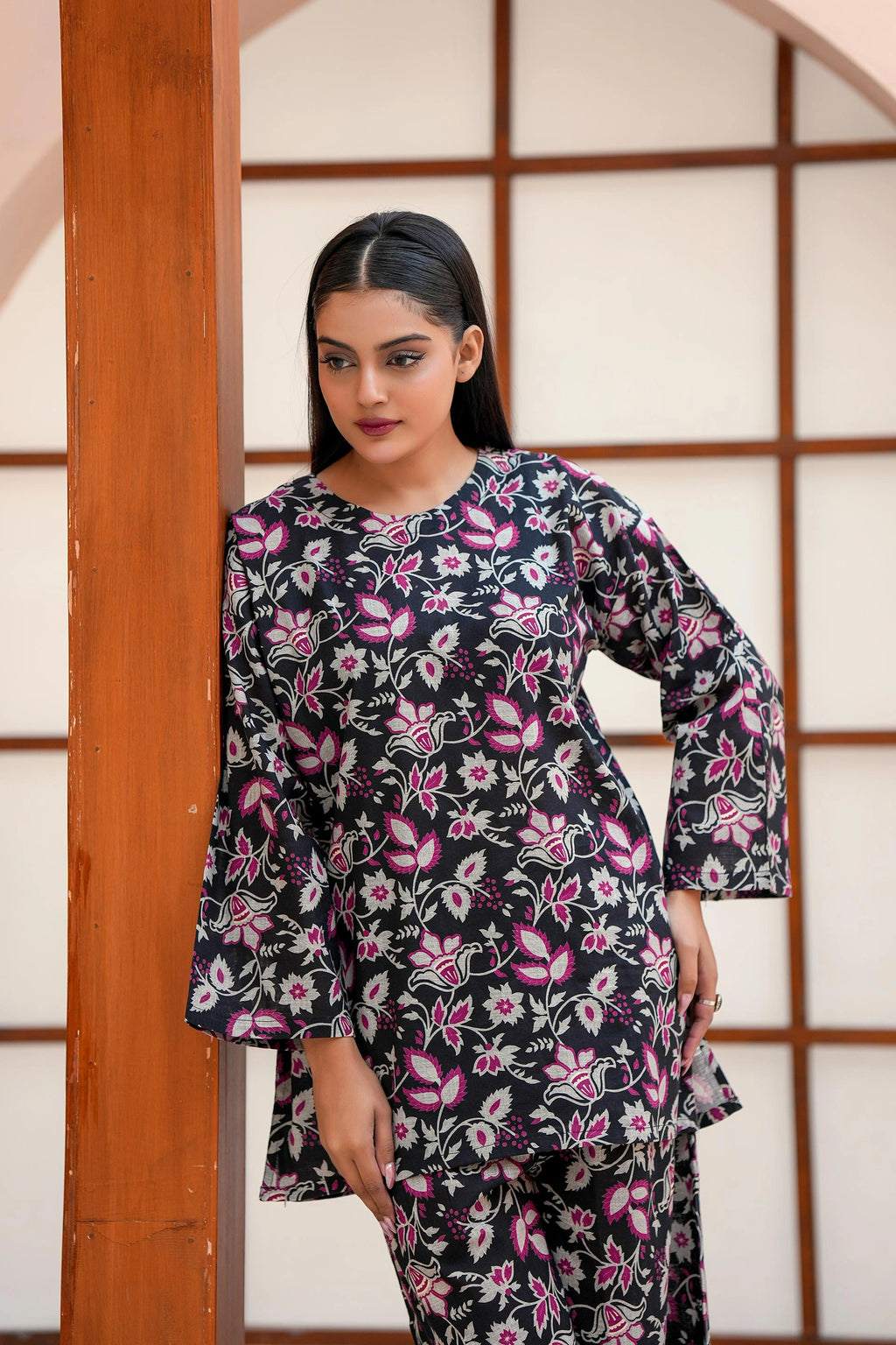 Elegant Black Botanical Khaddar-Feel Co-Ord Set | Floral Printed Outfit