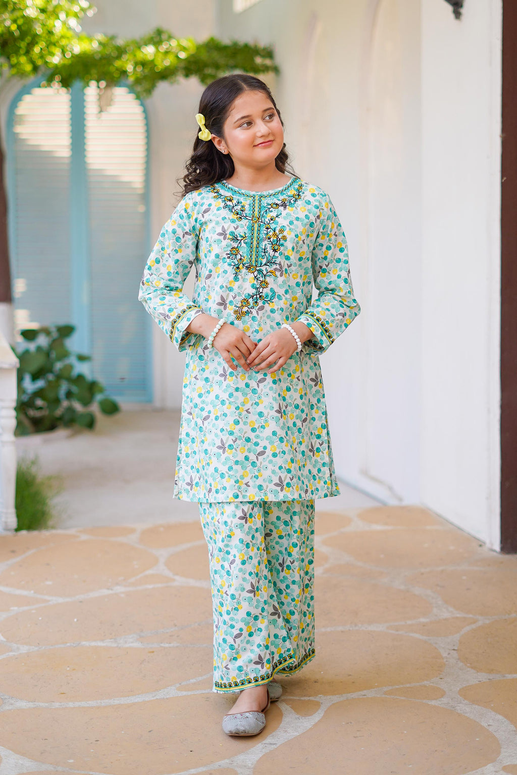 Mint Blossom Delight – Imported Printed China Lawn 2Pc – Aqua Mint (RTW)