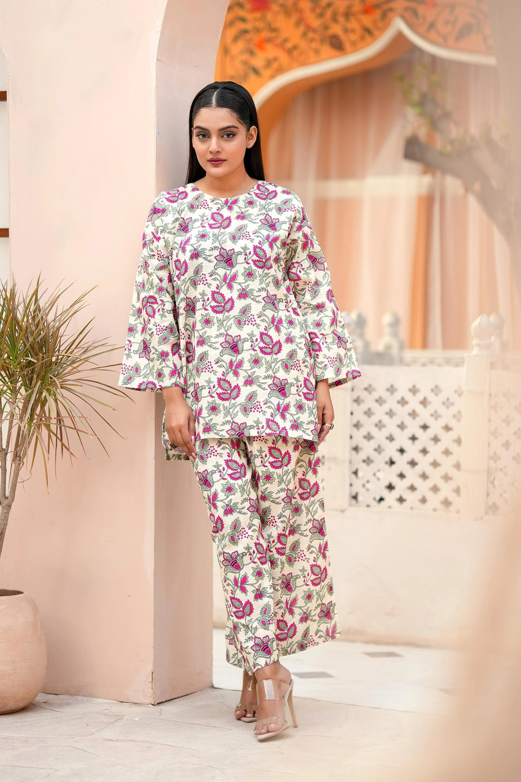 Premium Cream & Magenta Floral Printed Two-Piece Suit