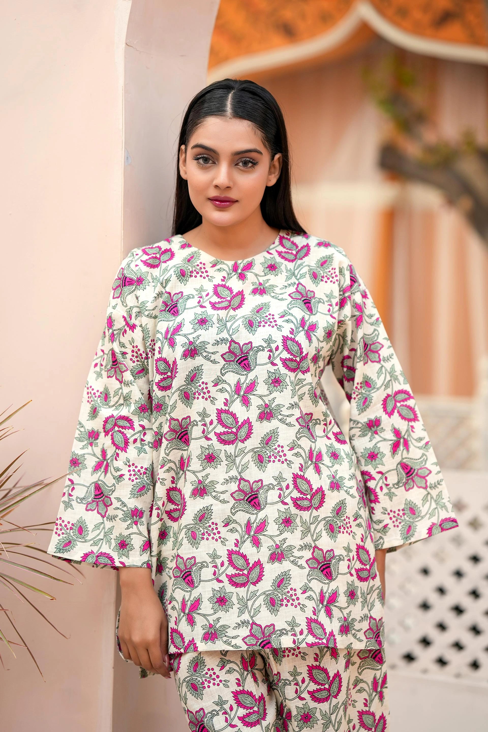 Premium Cream & Magenta Floral Printed Two-Piece Suit