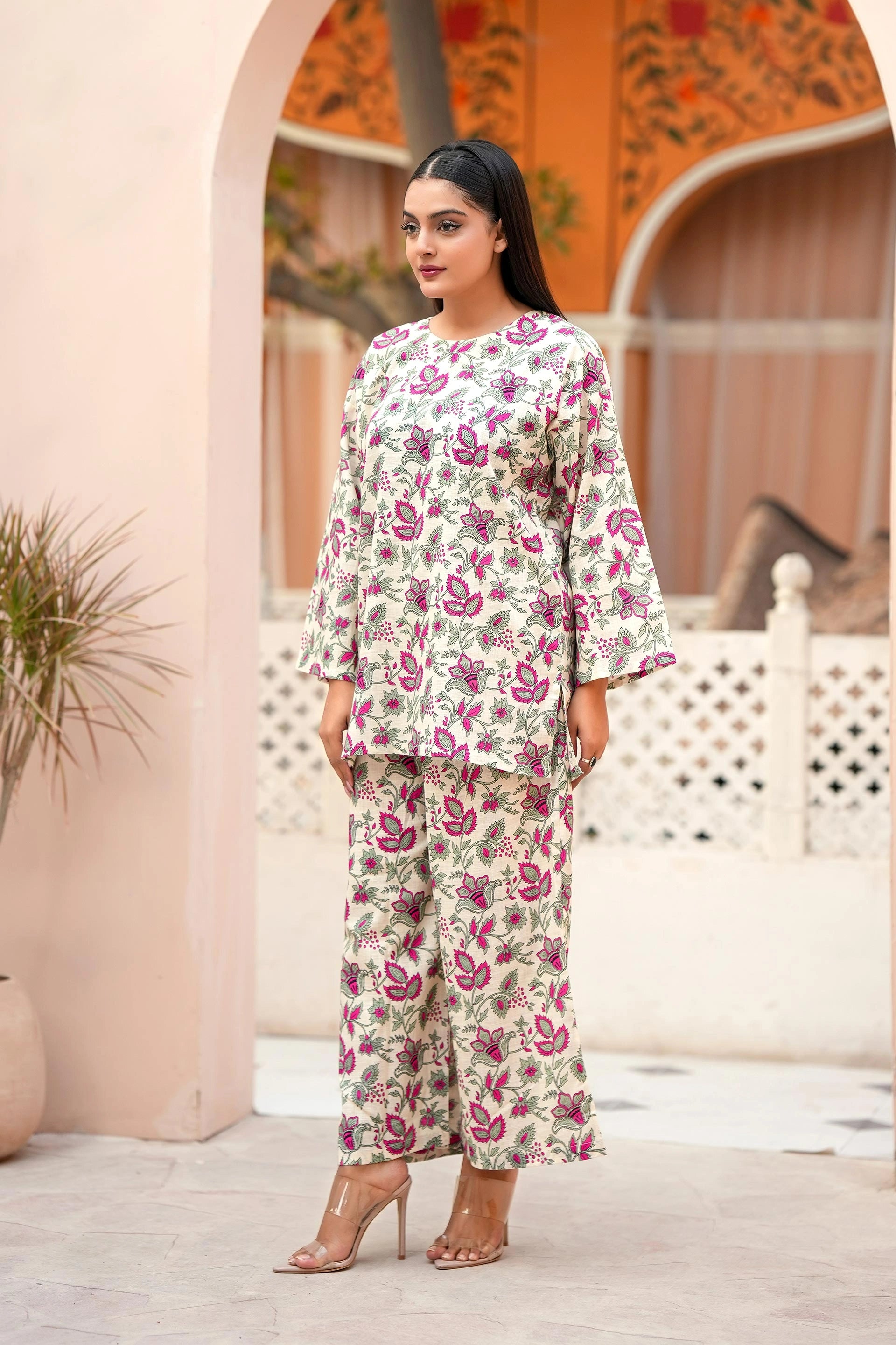 Premium Cream & Magenta Floral Printed Two-Piece Suit