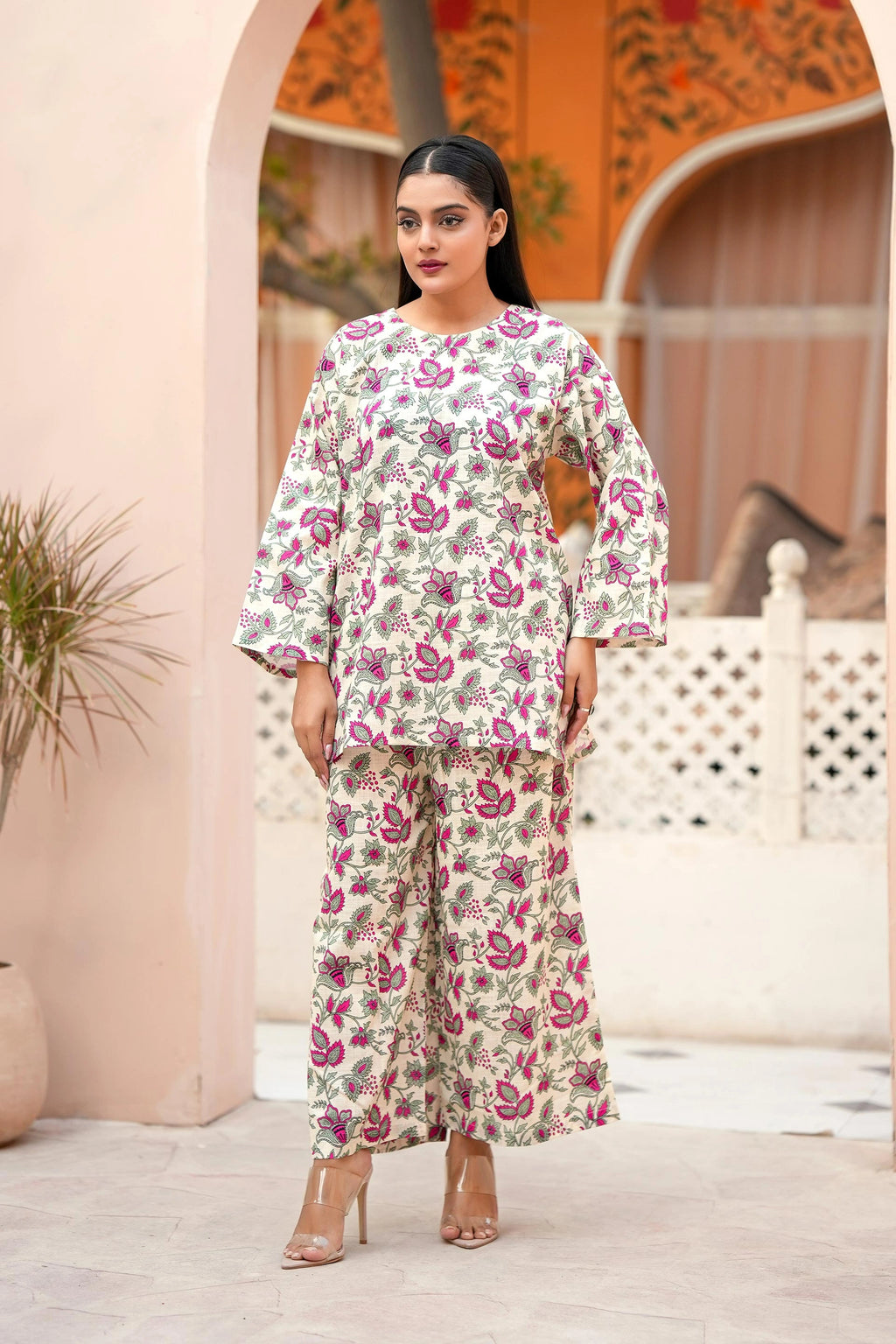 Premium Cream & Magenta Floral Printed Two-Piece Suit