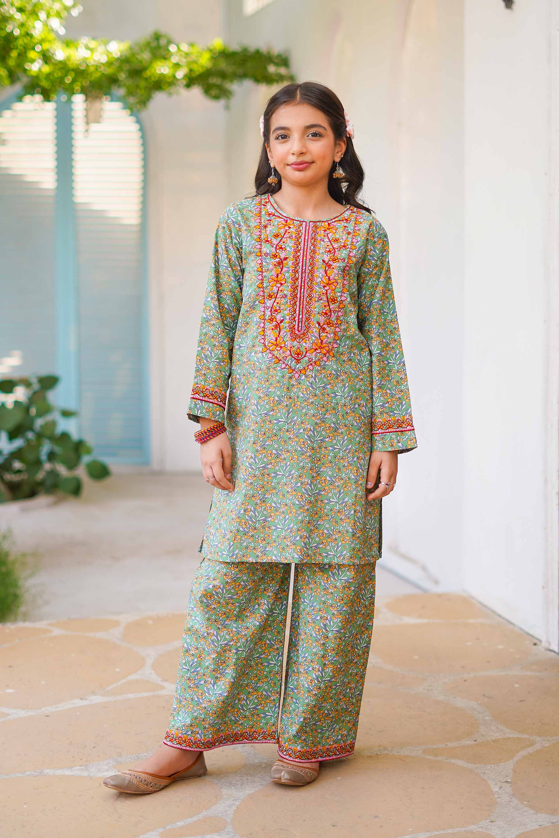 Nature Blossom Charm – Imported Printed China Lawn 2Pc – Mint Olive (RTW) 🌷