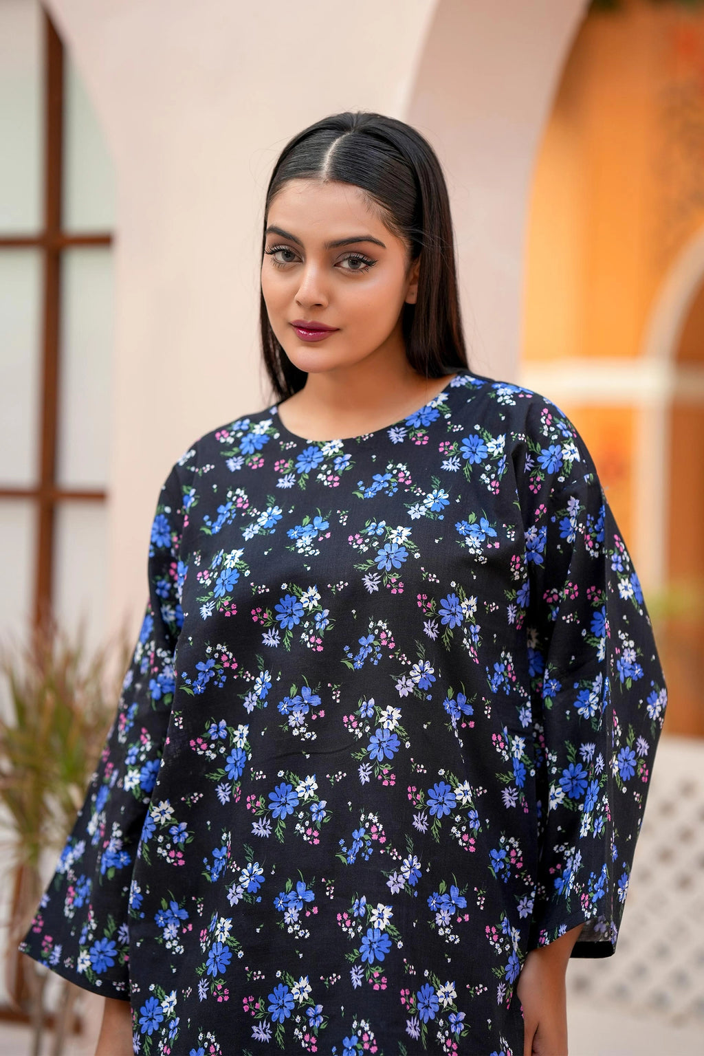 Premium Black & Blue Floral Printed Two-Piece Suit