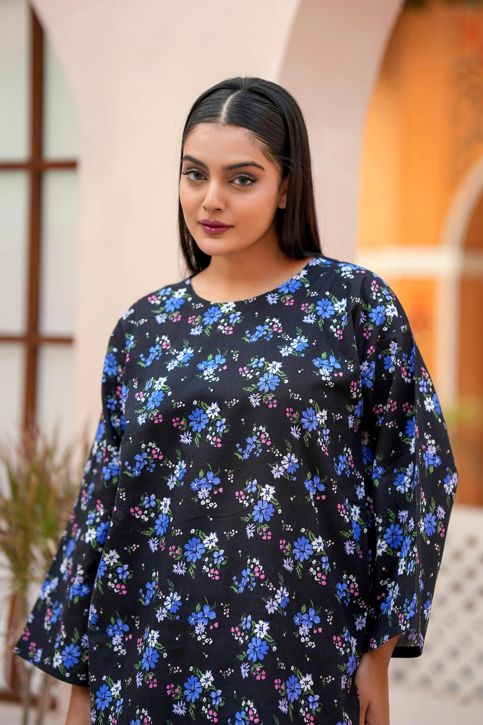 Premium Black & Blue Floral Printed Two-Piece Suit