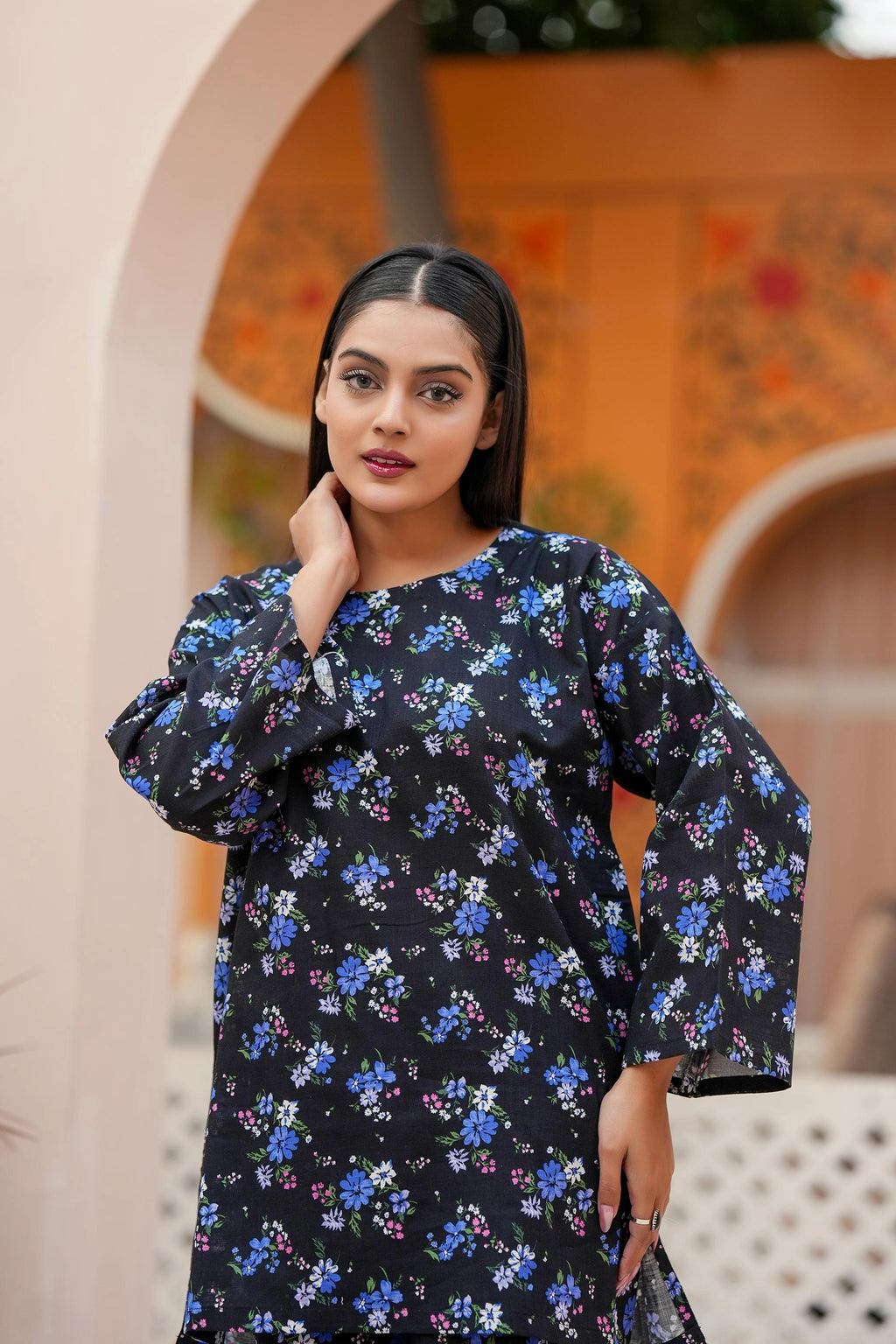 Premium Black & Blue Floral Printed Two-Piece Suit