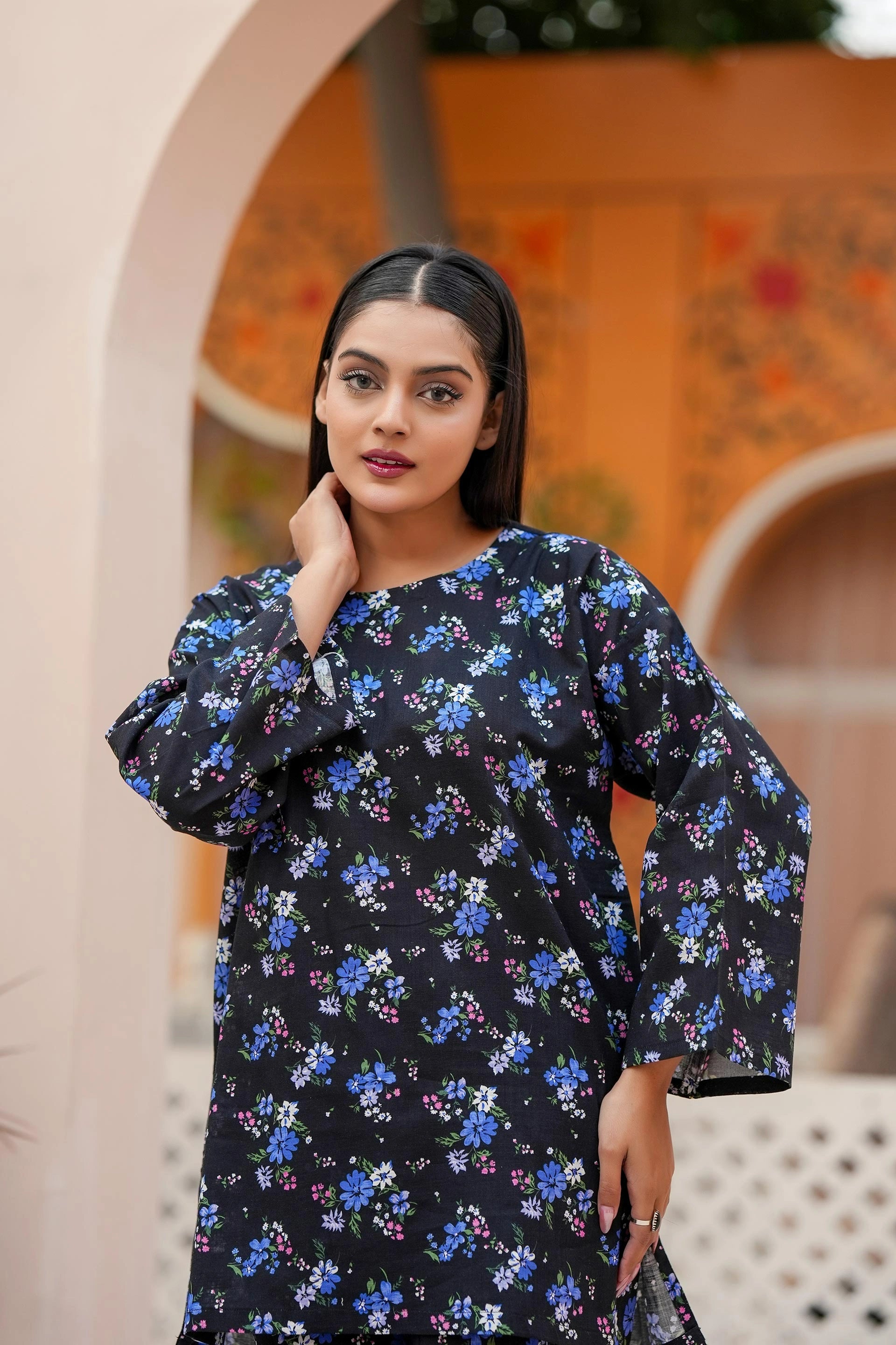 Premium Black & Blue Floral Printed Two-Piece Suit