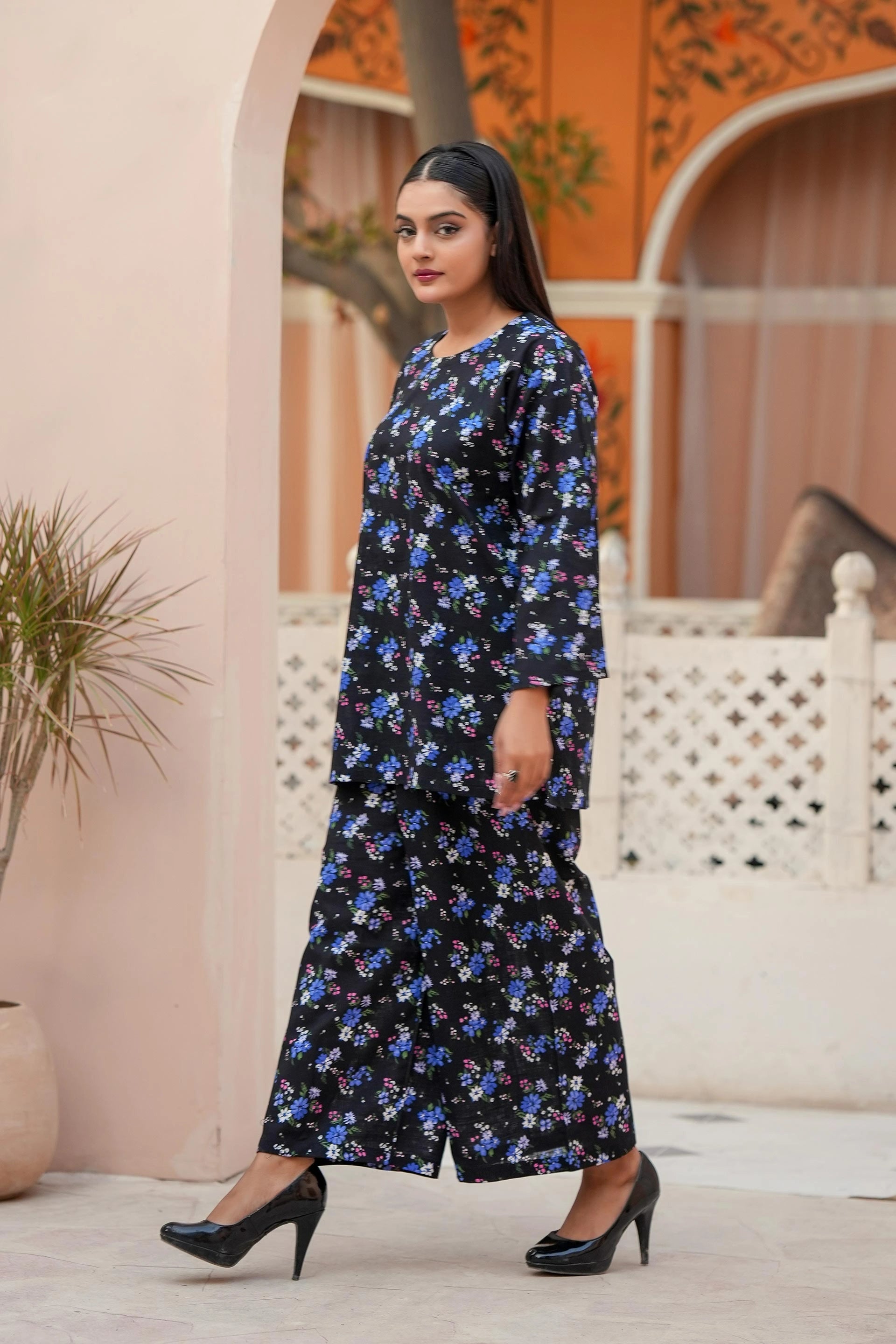 Premium Black & Blue Floral Printed Two-Piece Suit