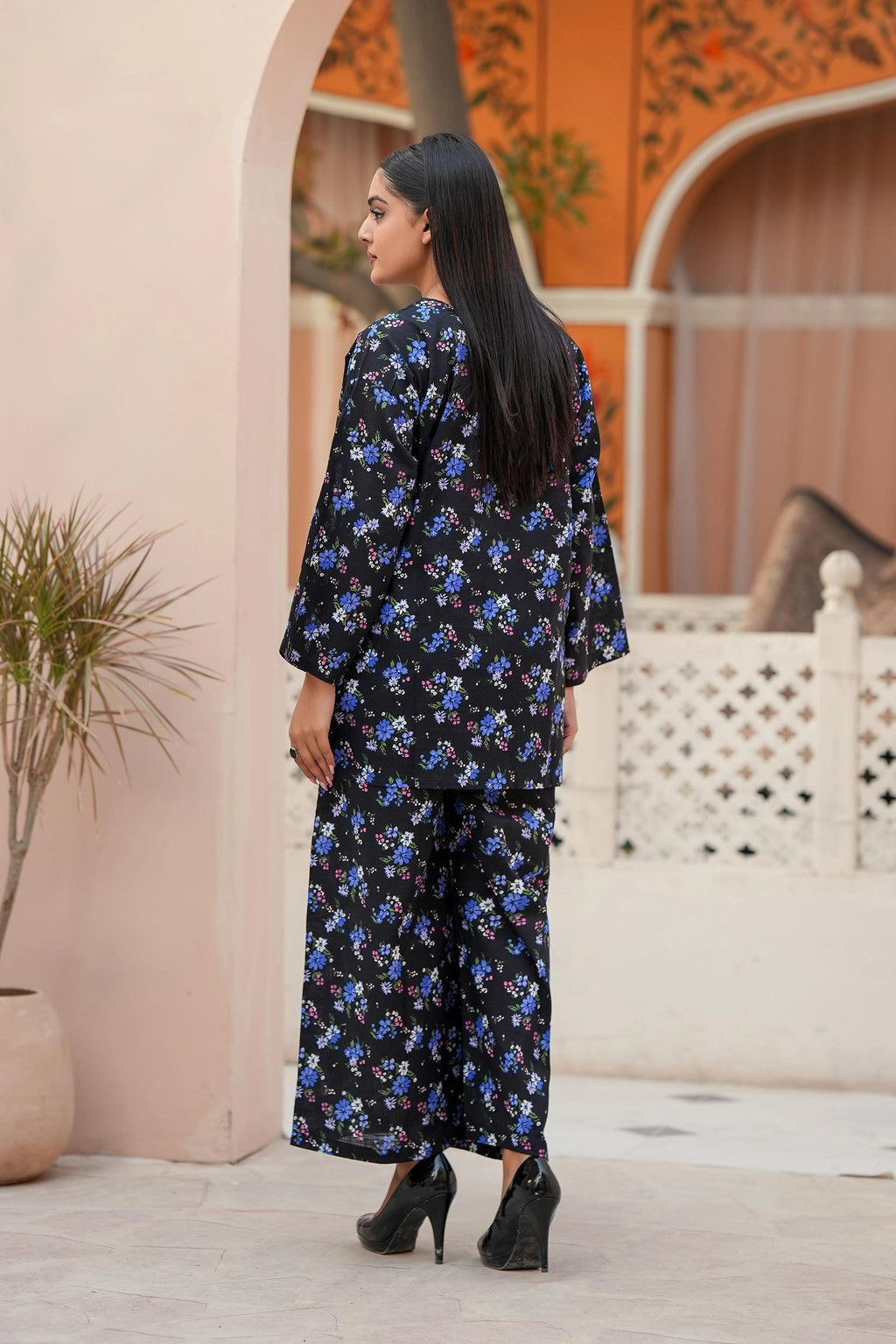 Premium Black & Blue Floral Printed Two-Piece Suit
