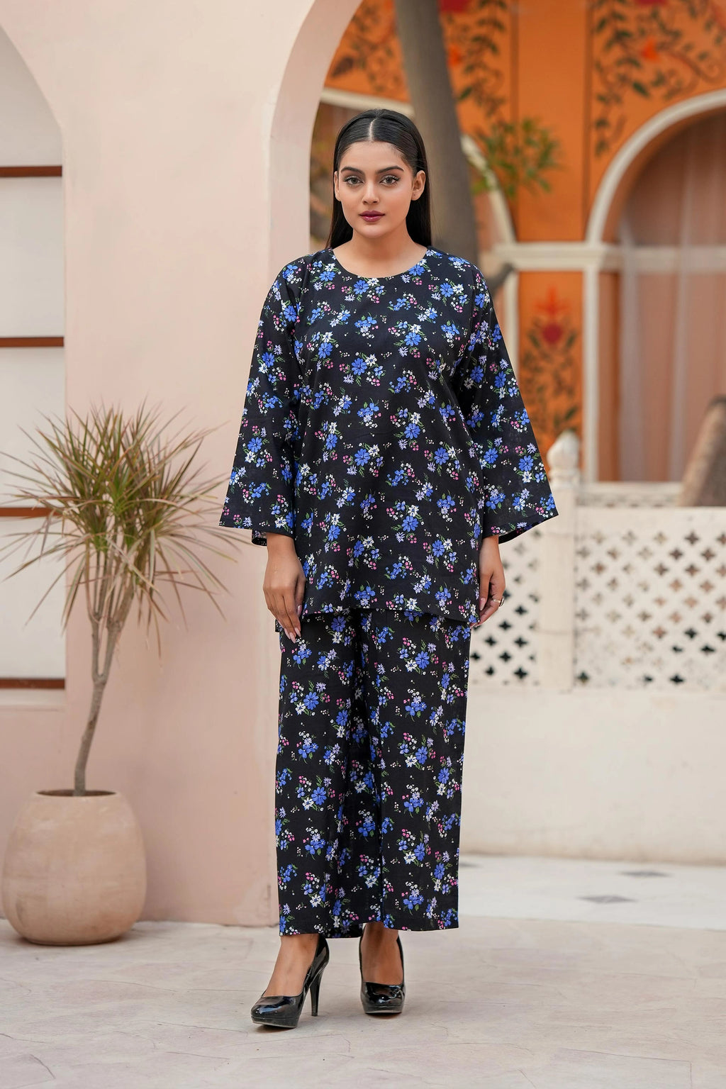Premium Black & Blue Floral Printed Two-Piece Suit