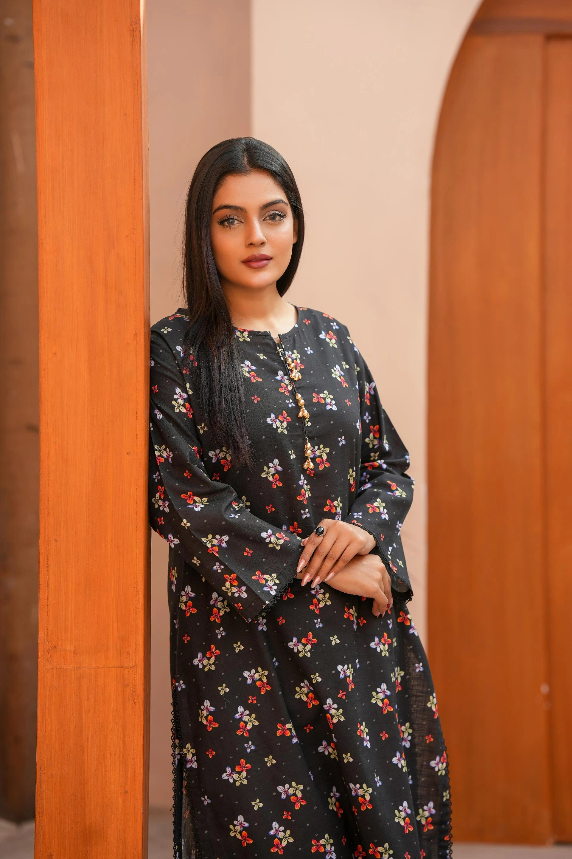 Premium Black Floral Printed Khaddar Two-Piece Suit