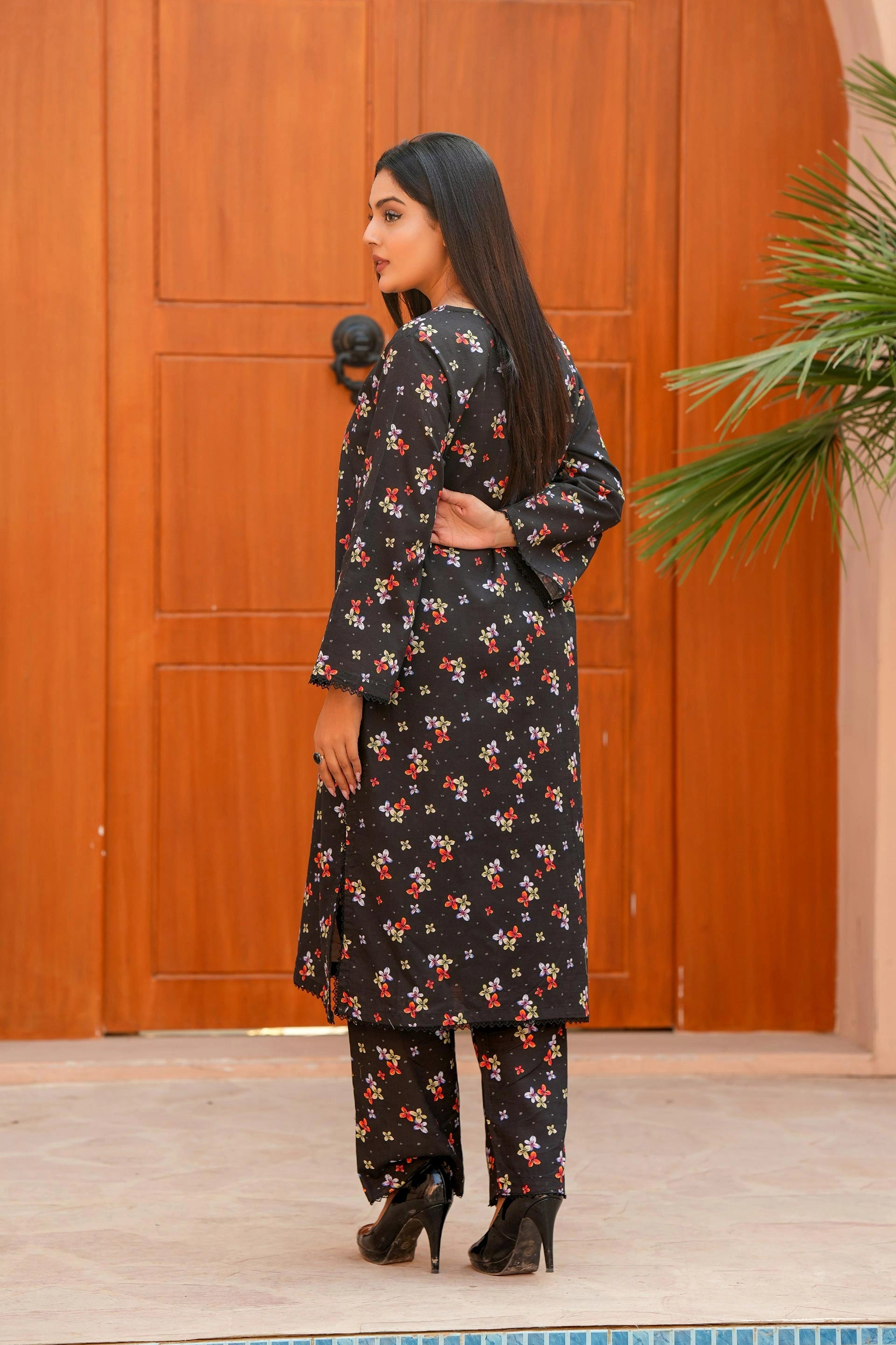 Premium Black Floral Printed Khaddar Two-Piece Suit