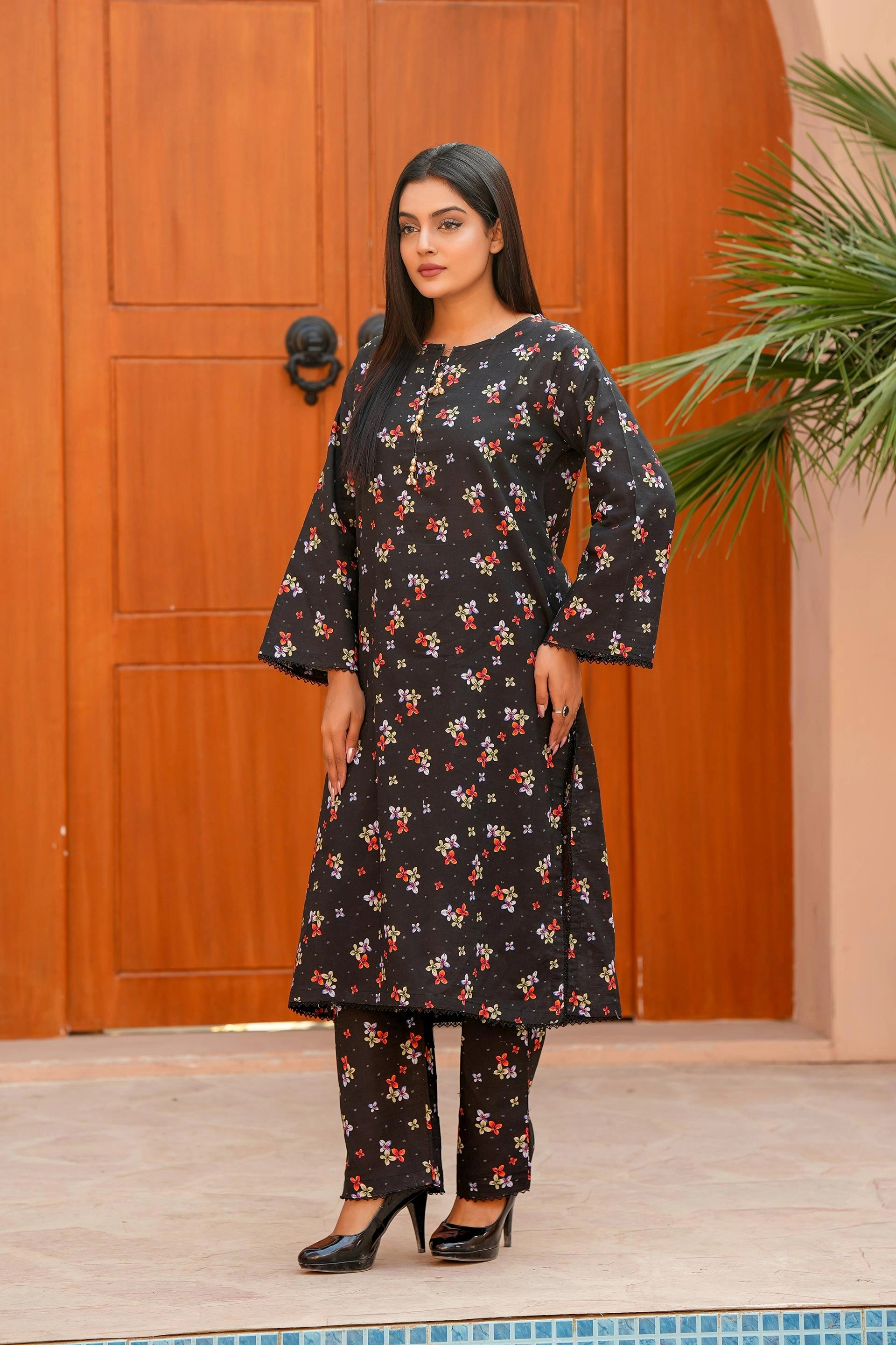 Premium Black Floral Printed Khaddar Two-Piece Suit