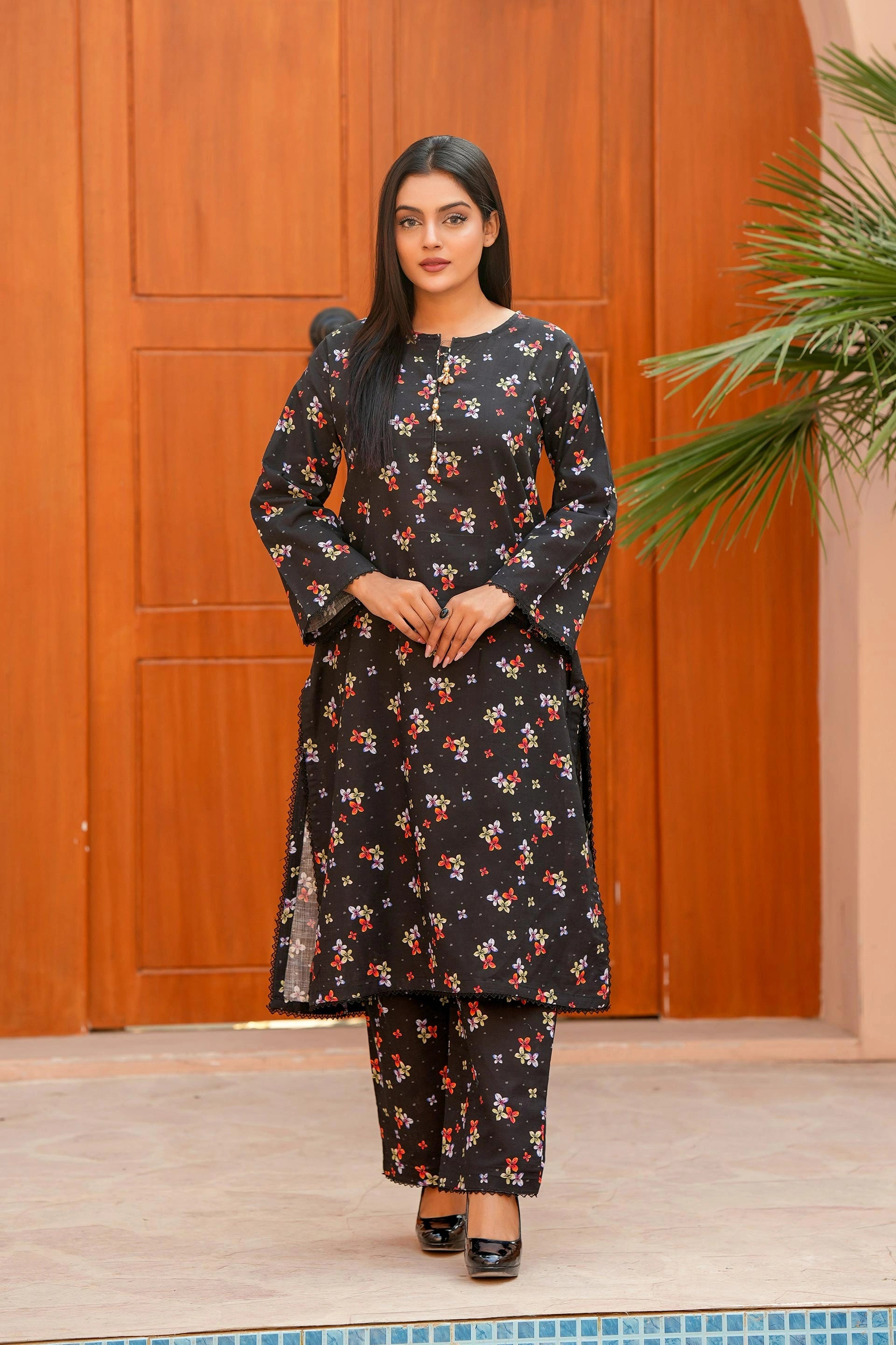 Premium Black Floral Printed Khaddar Two-Piece Suit
