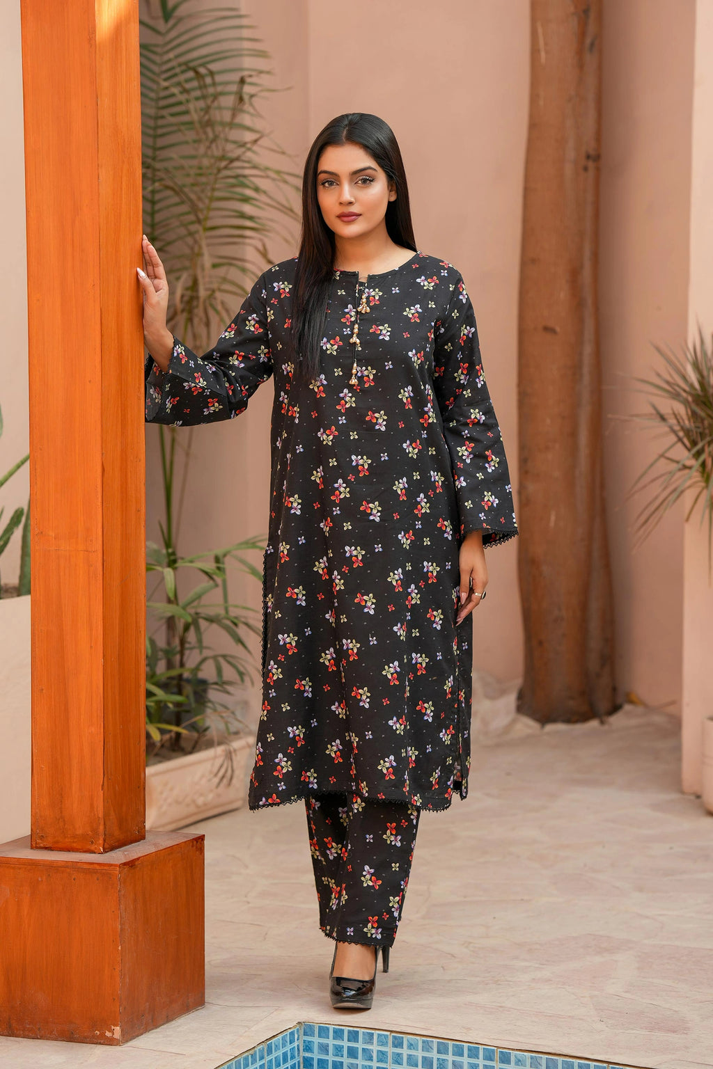 Premium Black Floral Printed Khaddar Two-Piece Suit