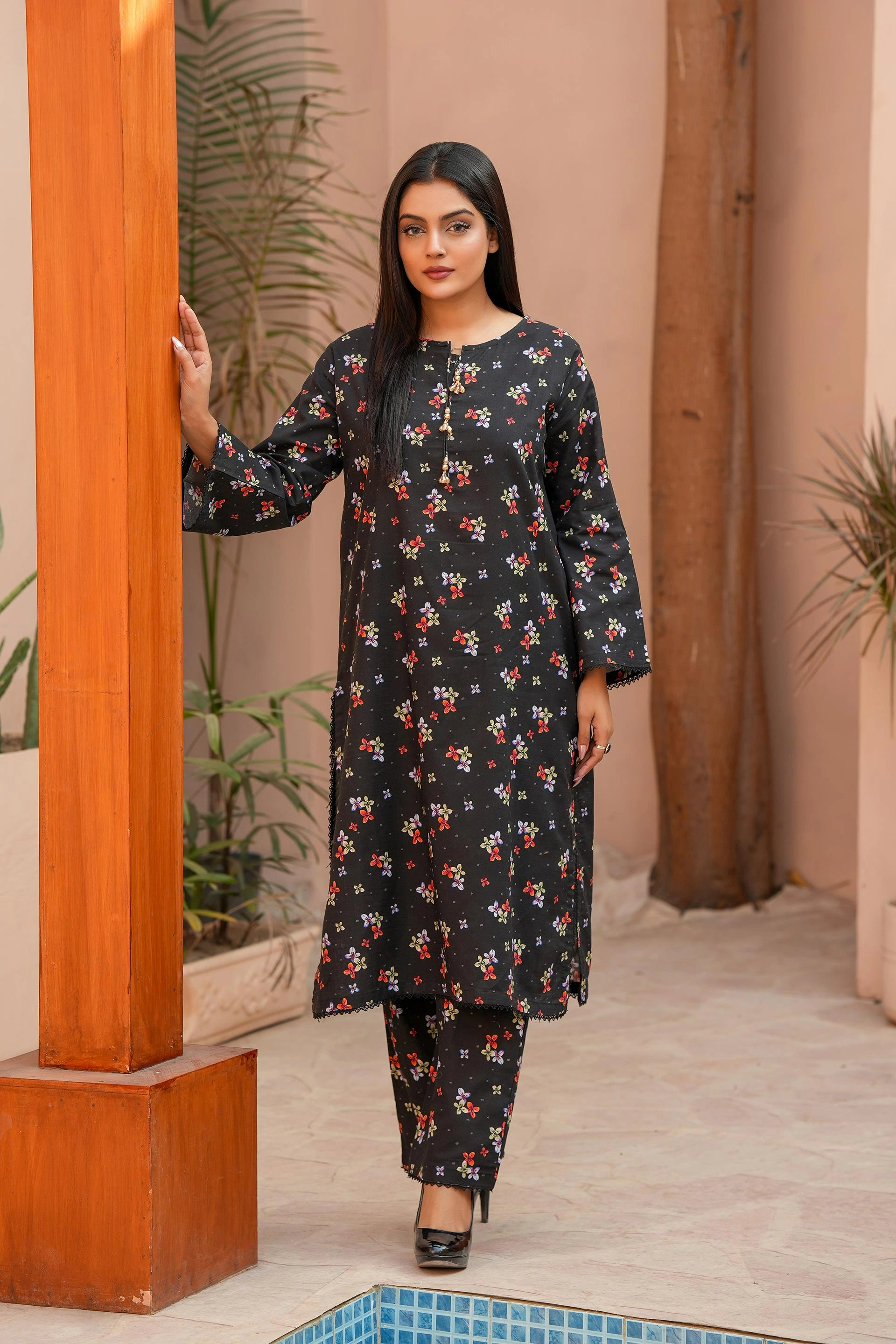 Premium Black Floral Printed Khaddar Two-Piece Suit