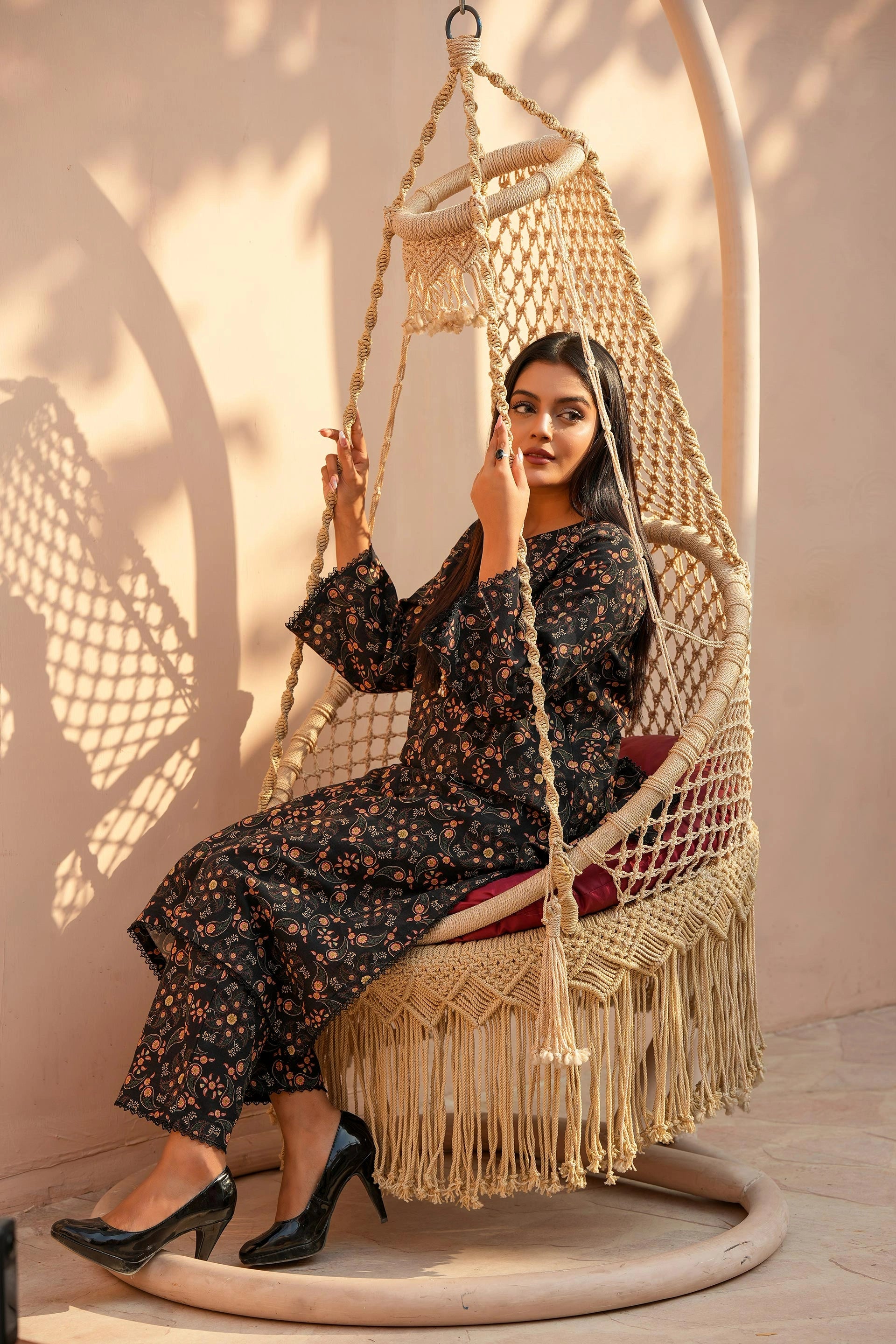 Luxury Khaddar Co-Ord Set for Women | Black Printed Winter Dress