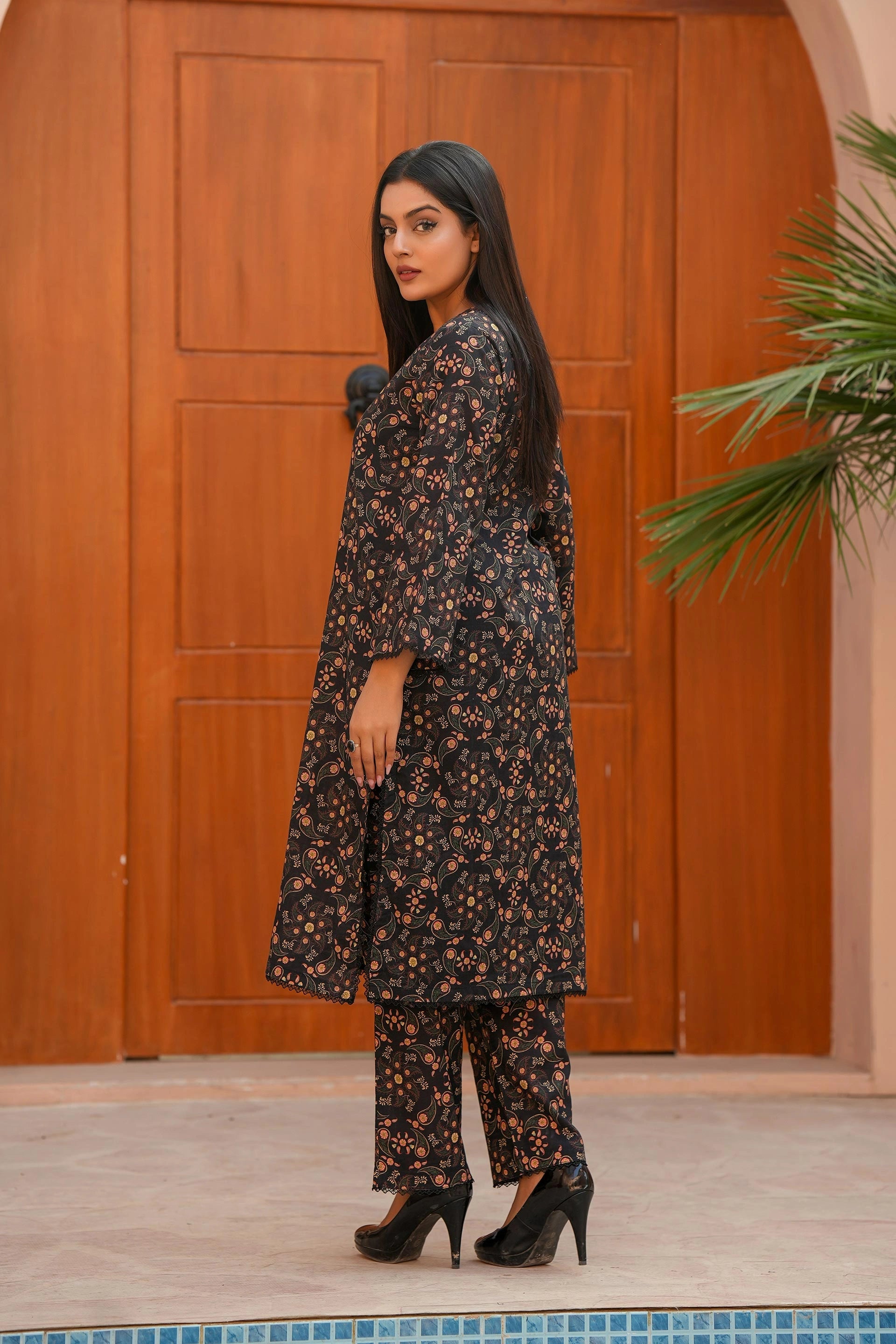 Luxury Khaddar Co-Ord Set for Women | Black Printed Winter Dress