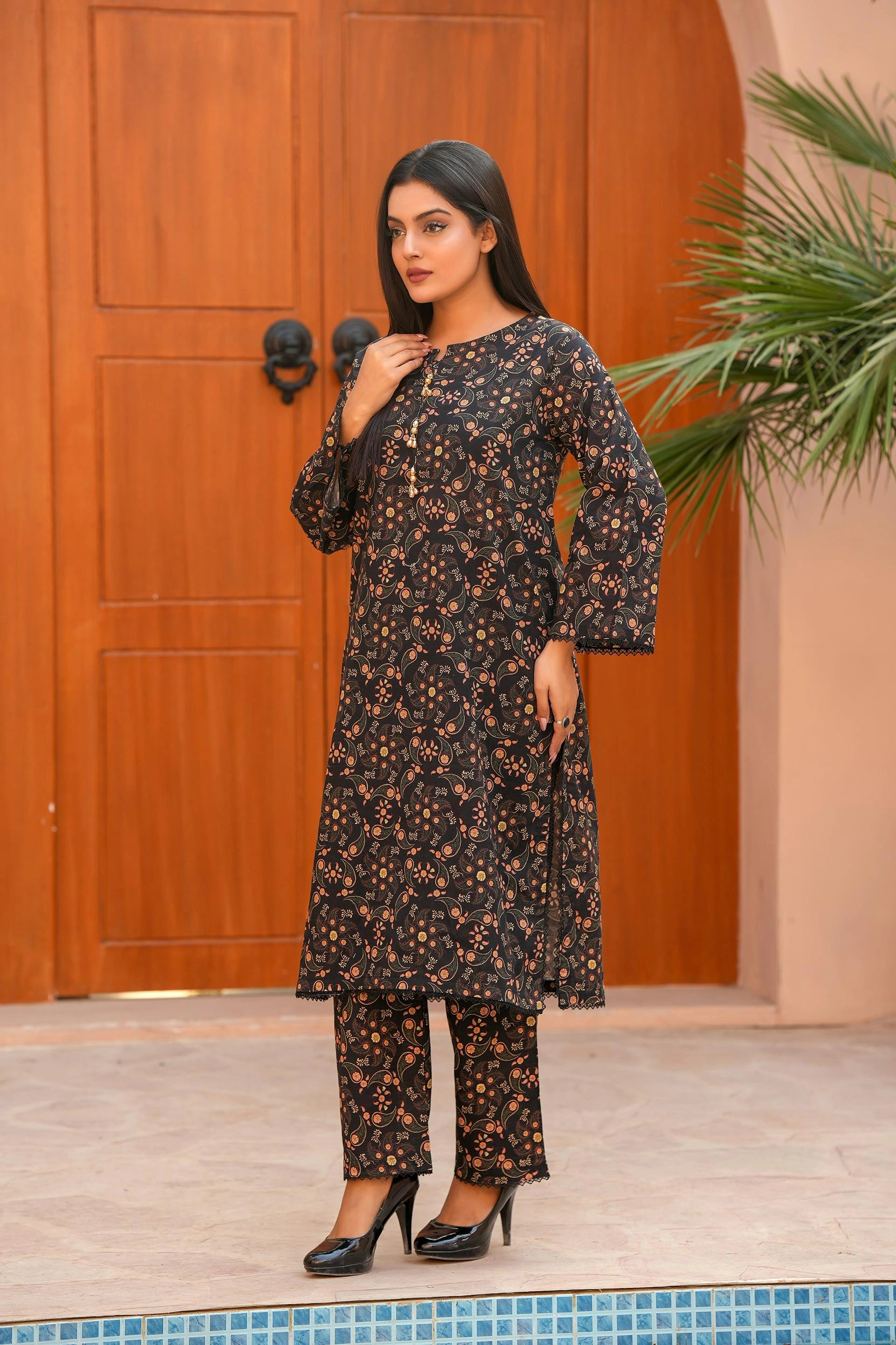 Luxury Khaddar Co-Ord Set for Women | Black Printed Winter Dress