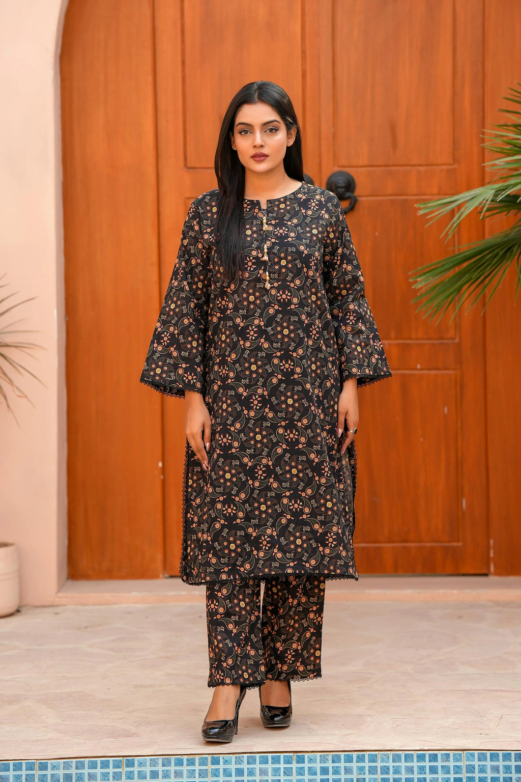 Luxury Khaddar Co-Ord Set for Women | Black Printed Winter Dress