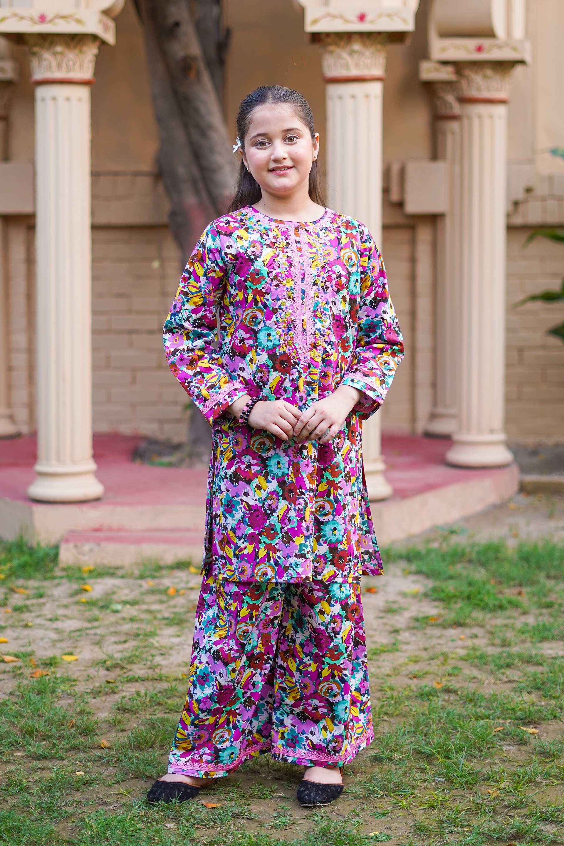 Rainbow Garden Delight – Imported Printed China Lawn 2Pc – Multi Pink (RTW)