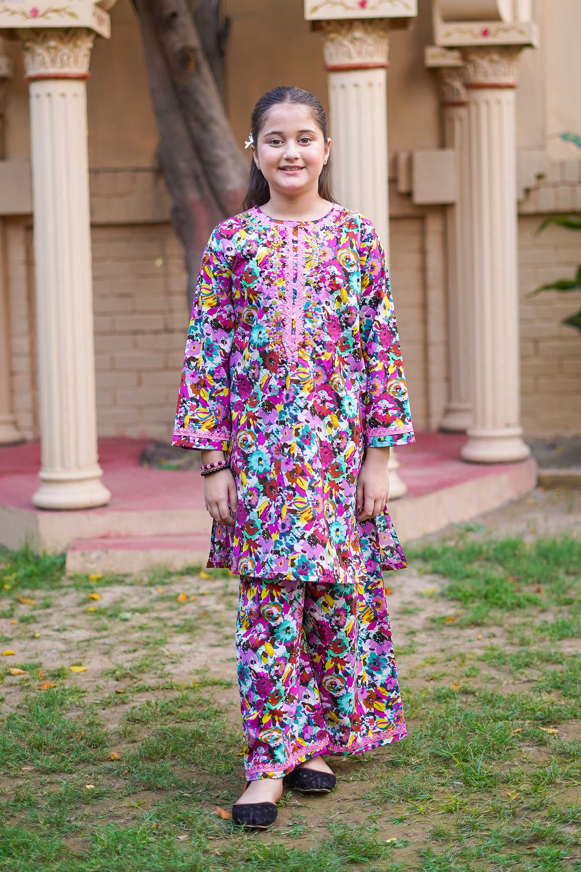 Rainbow Garden Delight – Imported Printed China Lawn 2Pc – Multi Pink (RTW)
