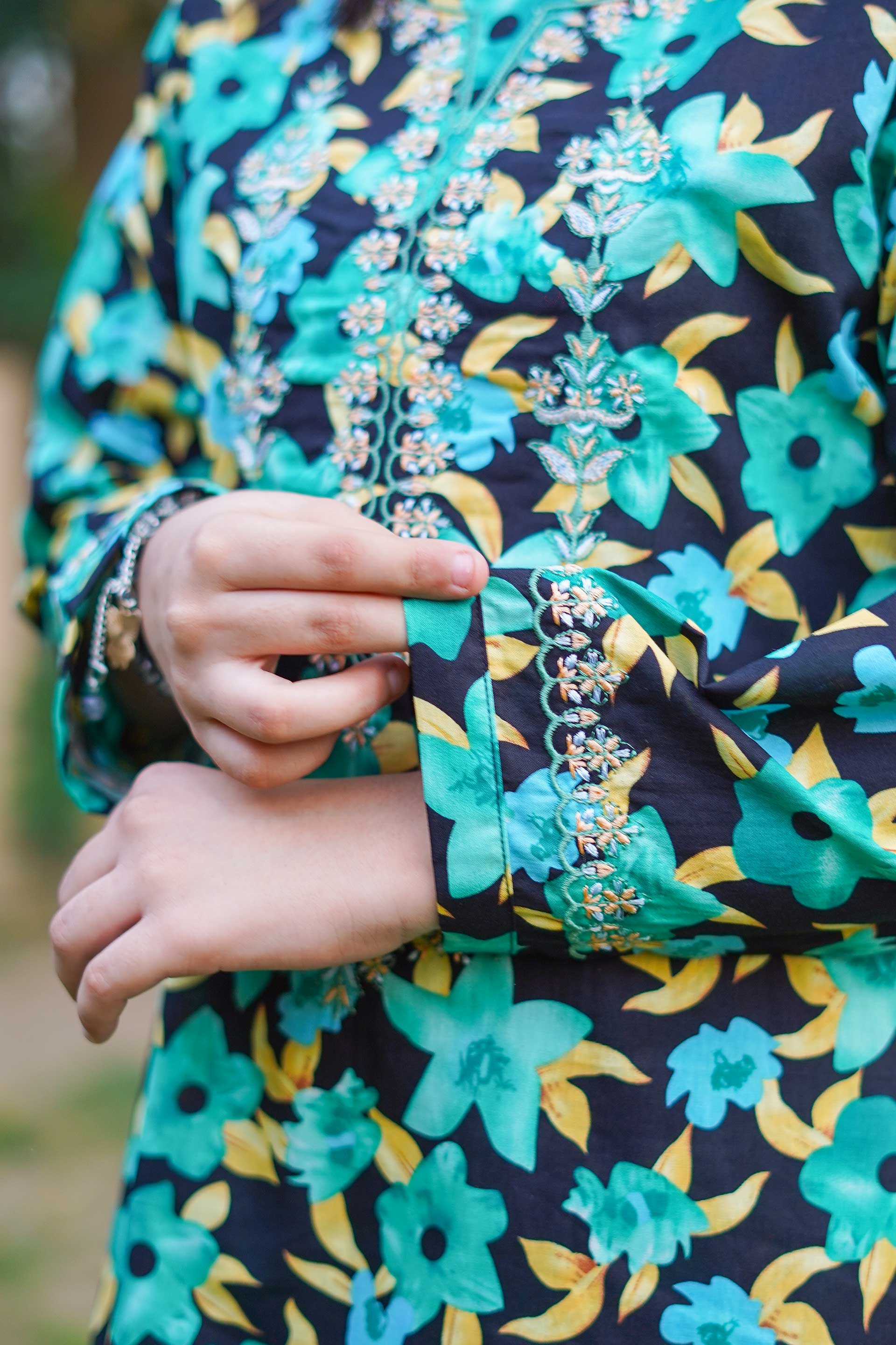 Emerald Garden Charm – Imported Printed China Lawn 2Pc – Teal Green (RTW)