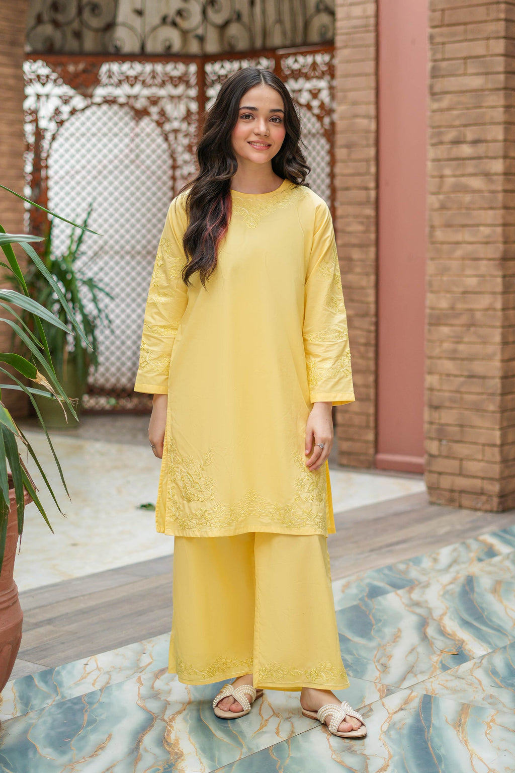 Lemon Bloom Premium Cotton Embroidered 2Pc – Yellow (RTW)