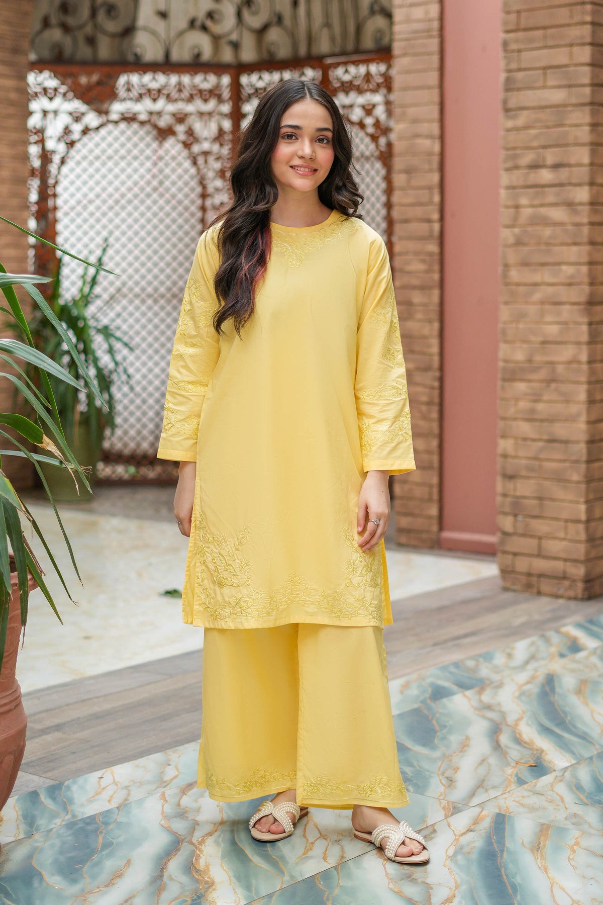 Lemon Bloom Premium Cotton Embroidered 2Pc – Yellow (RTW)