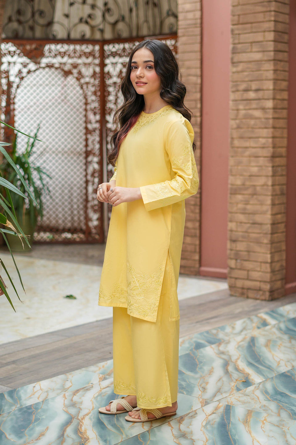 Lemon Bloom Premium Cotton Embroidered 2Pc – Yellow (RTW)