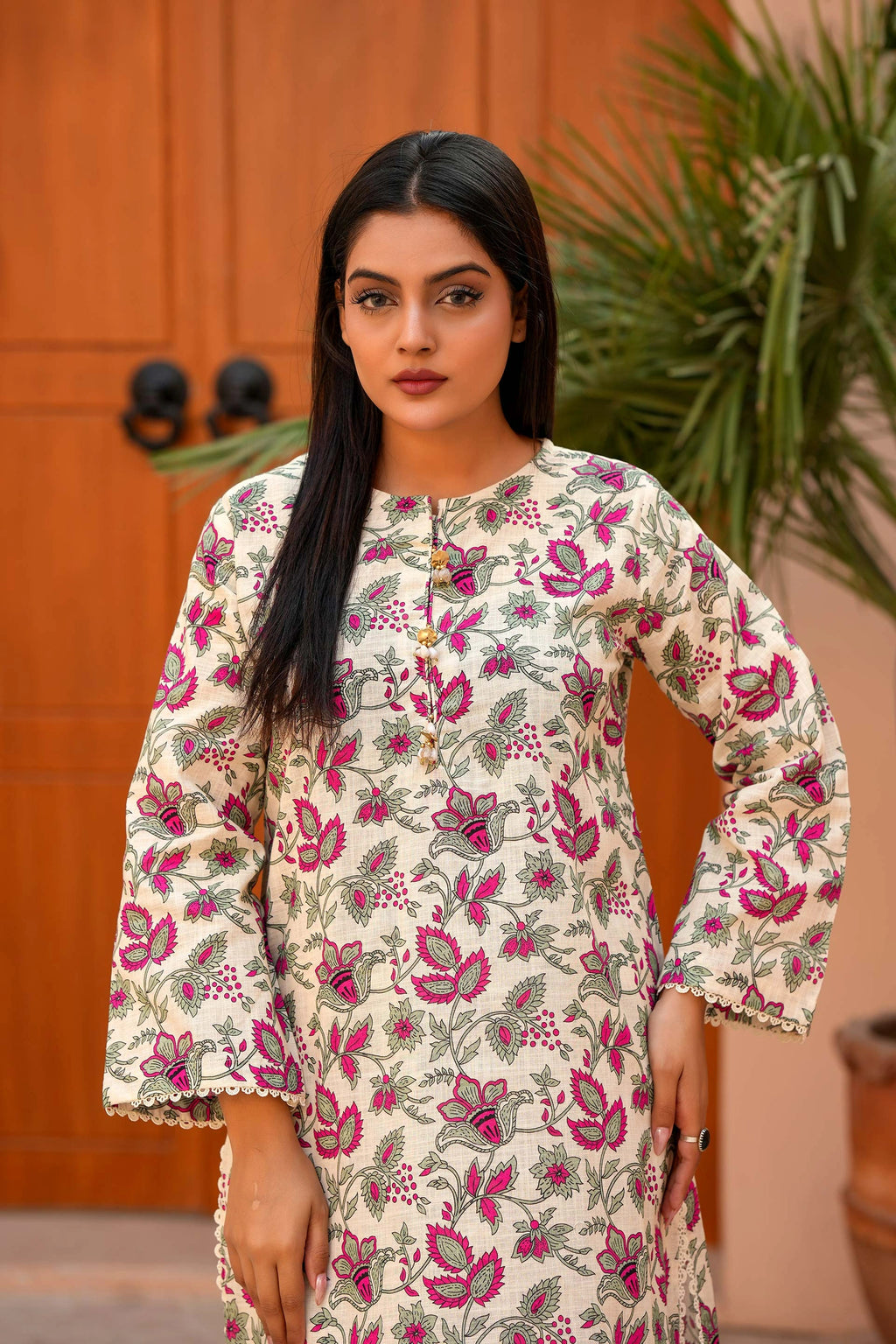 Designer Floral Winter Khaddar Suit | Cream 2-Piece for Women