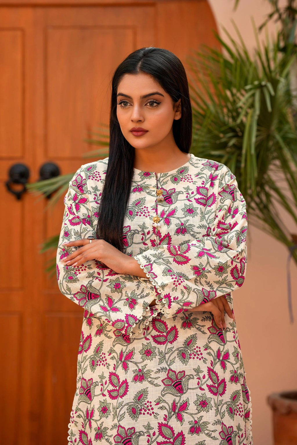 Designer Floral Winter Khaddar Suit | Cream 2-Piece for Women