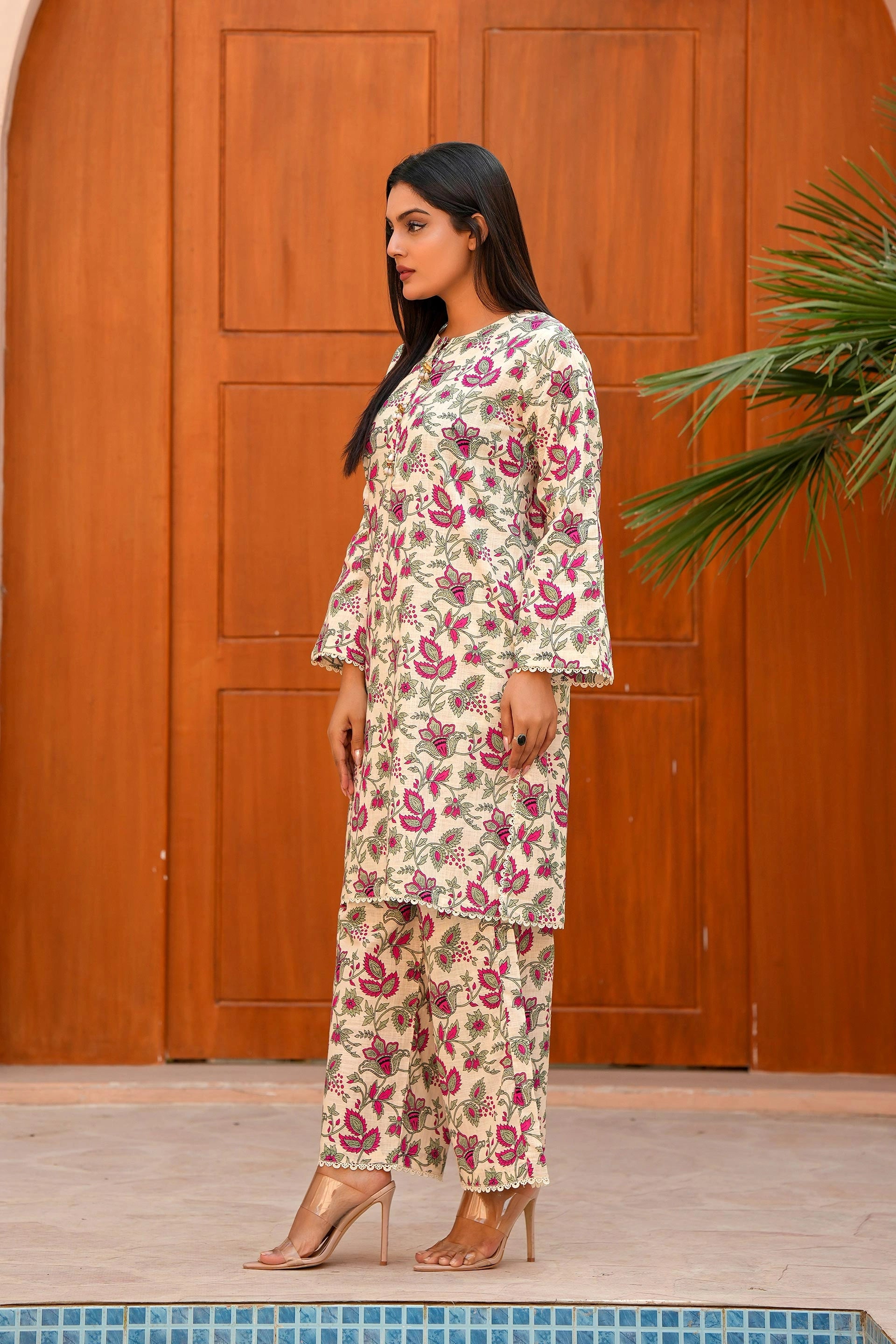Designer Floral Winter Khaddar Suit | Cream 2-Piece for Women