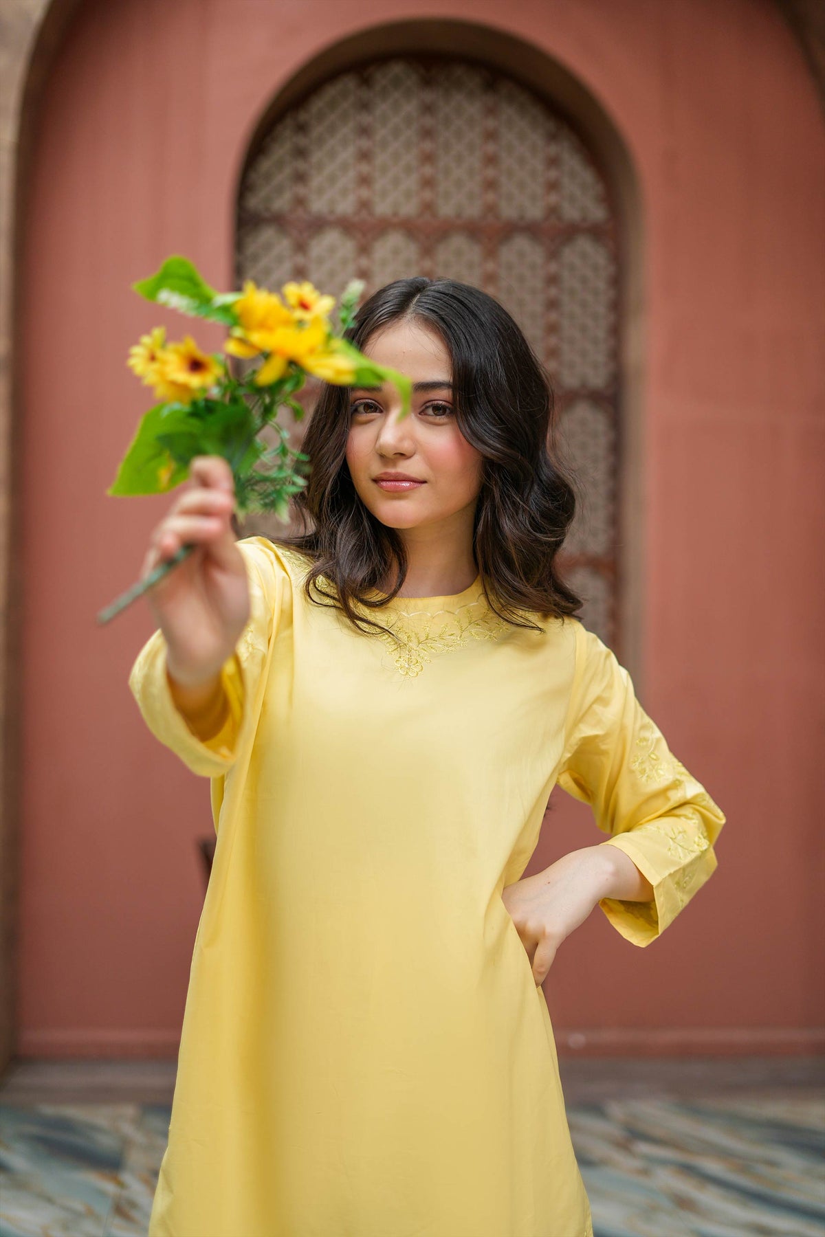 Lemon Bloom Premium Cotton Embroidered 2Pc – Yellow (RTW)