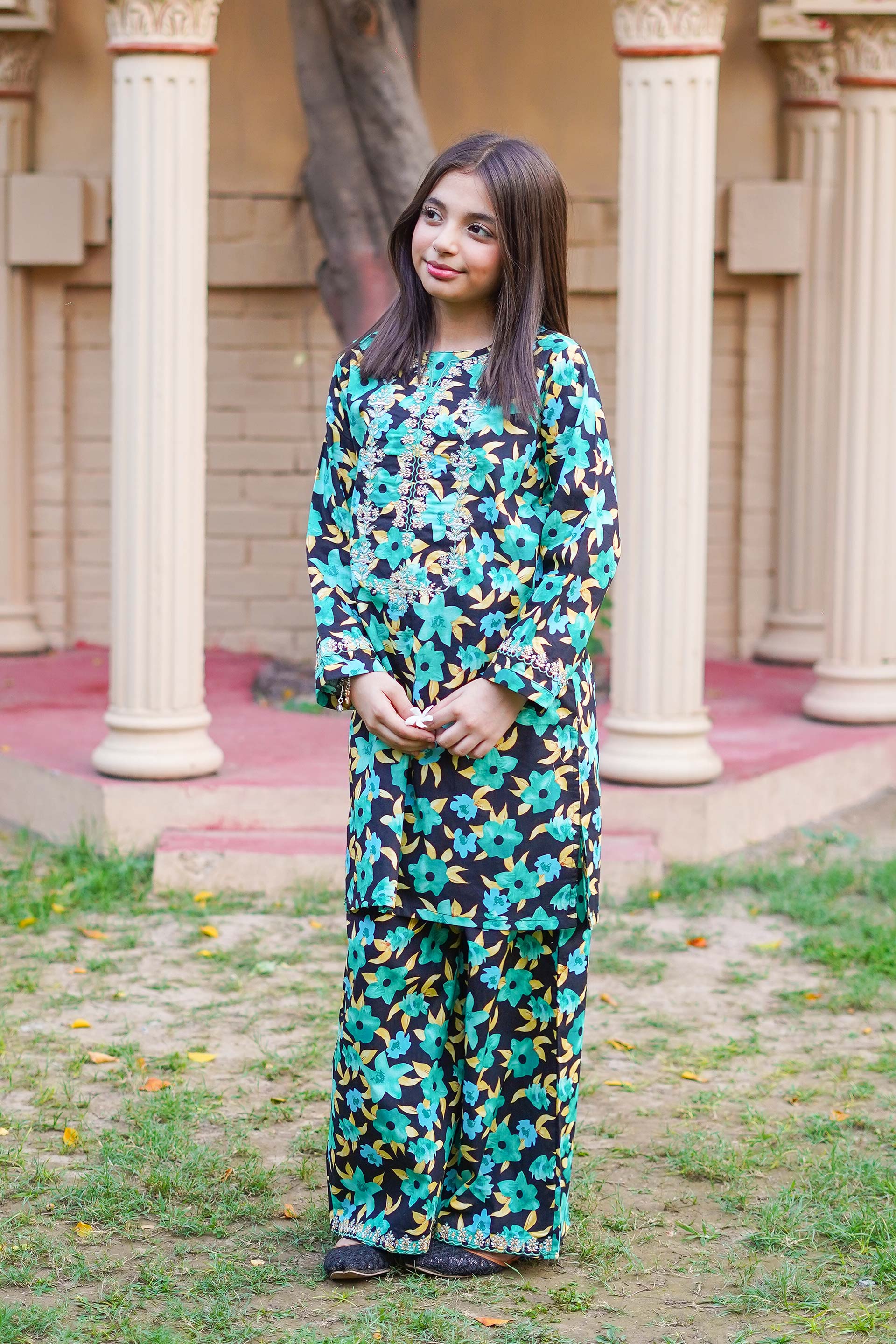 Emerald Garden Charm – Imported Printed China Lawn 2Pc – Teal Green (RTW)