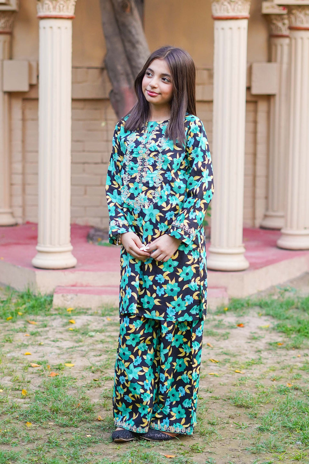 Emerald Garden Charm – Imported Printed China Lawn 2Pc – Teal Green (RTW)