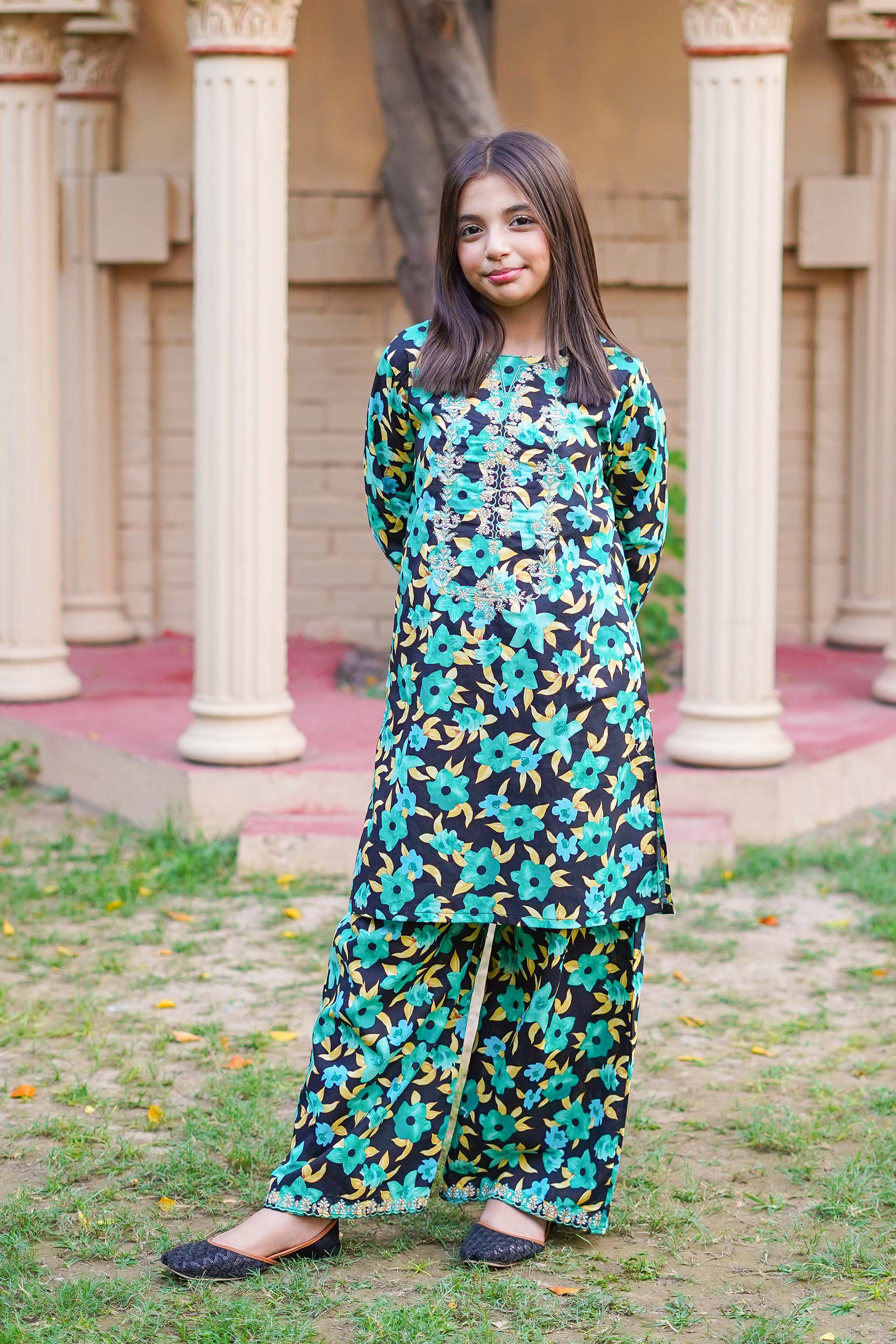 Emerald Garden Charm – Imported Printed China Lawn 2Pc – Teal Green (RTW)