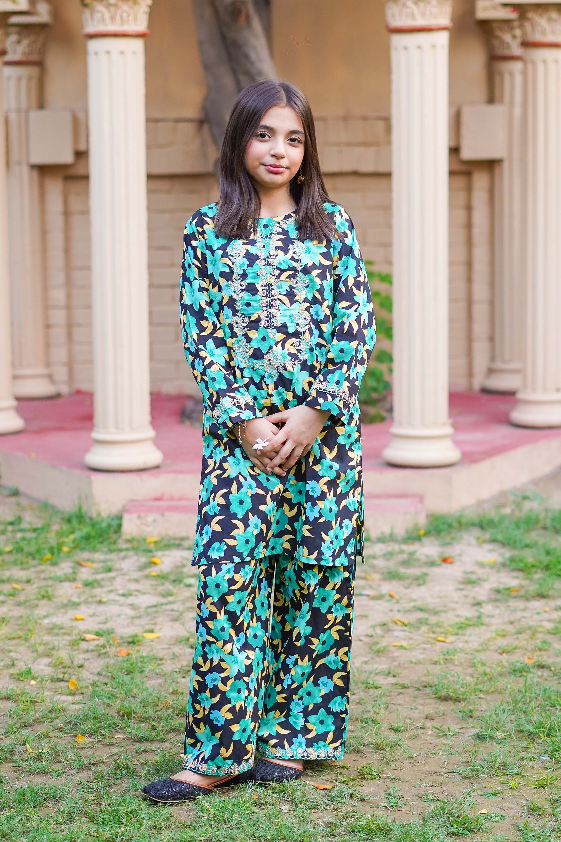 Emerald Garden Charm – Imported Printed China Lawn 2Pc – Teal Green (RTW)
