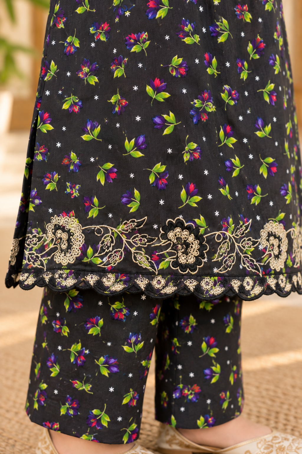 Noir Bloom Kids Suit Printed Winter Imported Kotrai with Embroidery 2Pc | Charcoal Black (RTW)