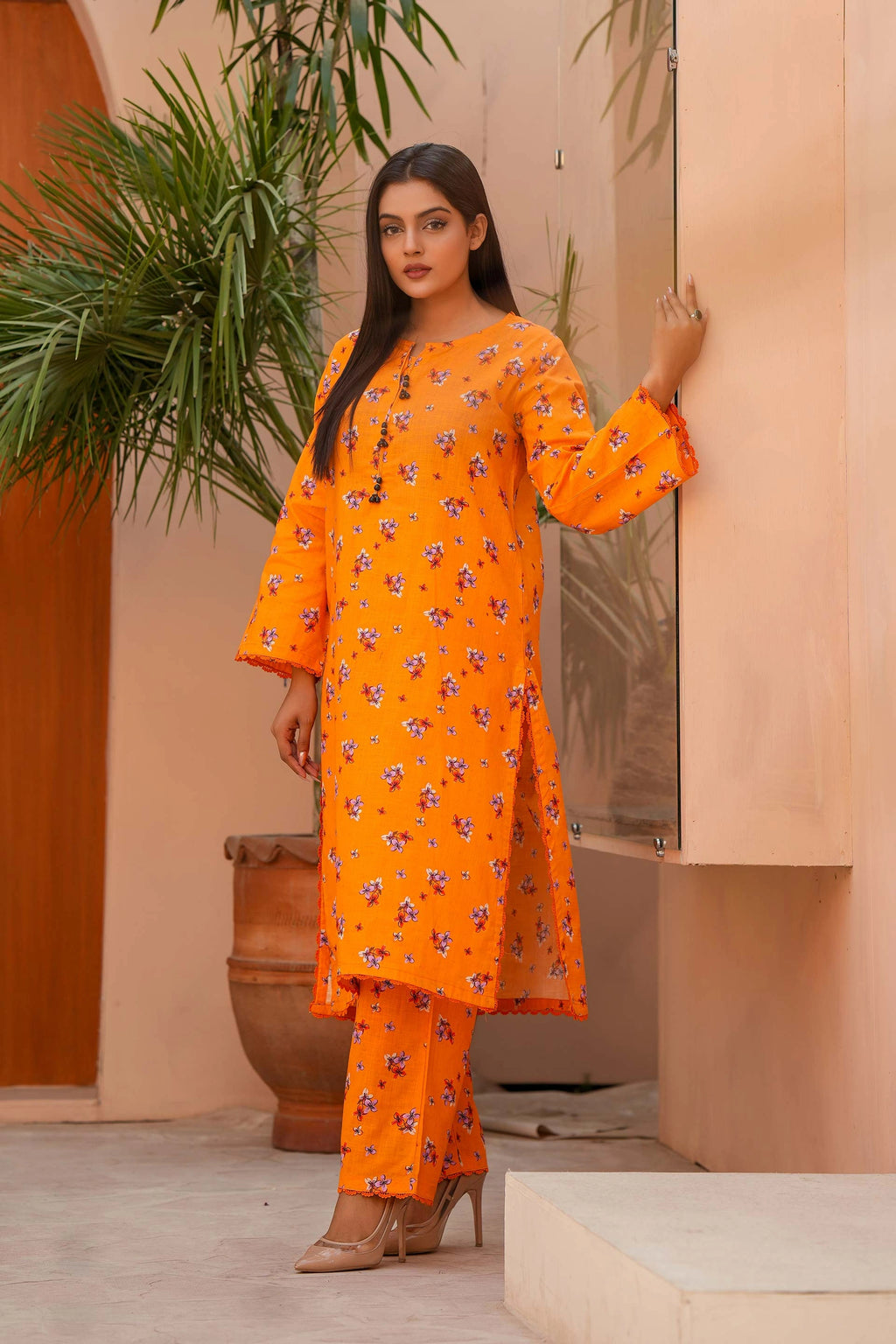 Luxury Winter Khaddar Suit for Women | Orange Floral All-Over Print