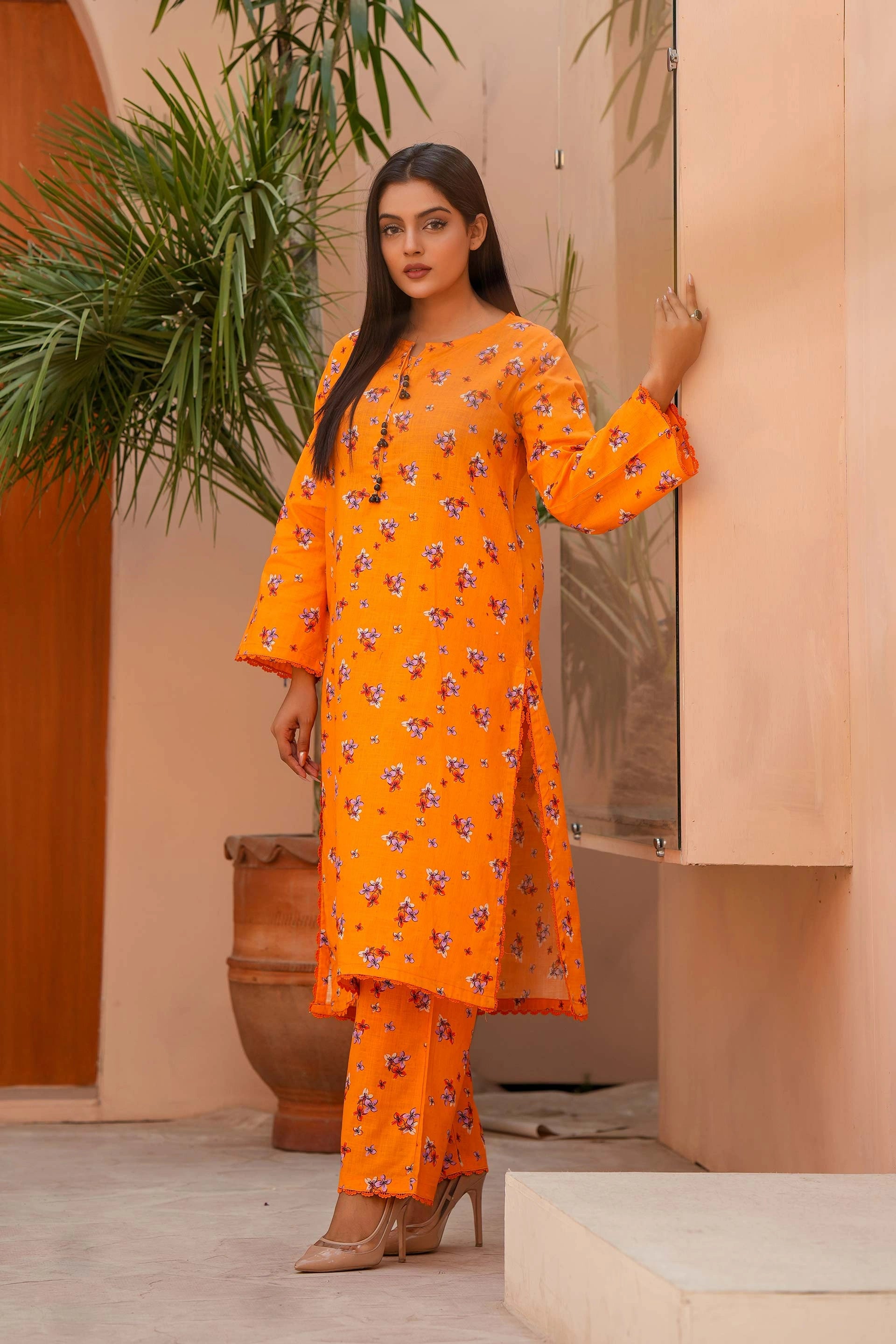 Luxury Winter Khaddar Suit for Women | Orange Floral All-Over Print