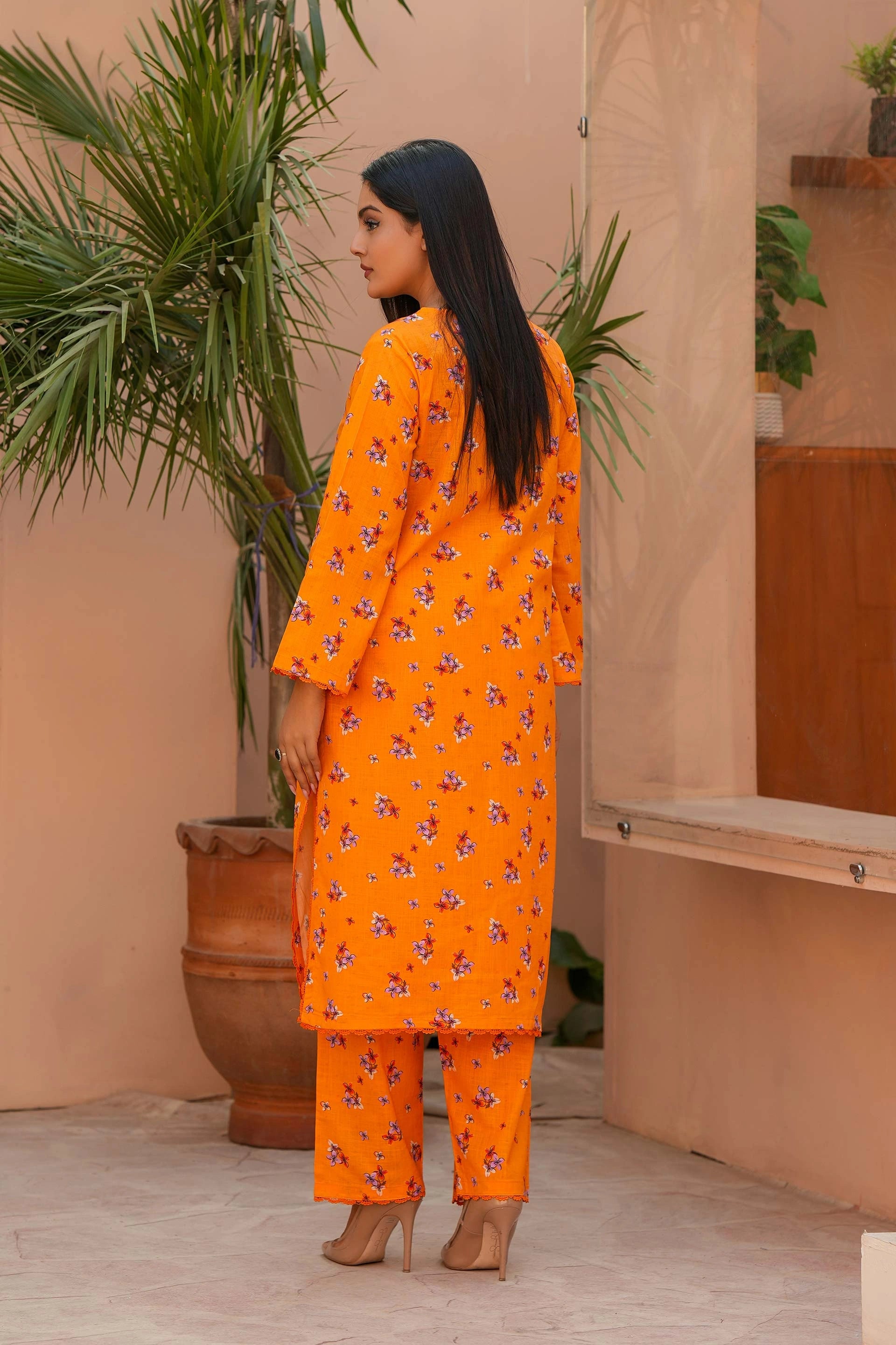 Luxury Winter Khaddar Suit for Women | Orange Floral All-Over Print