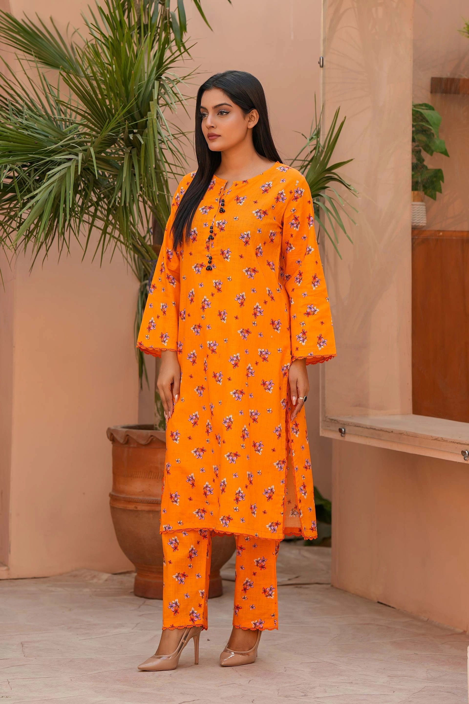 Luxury Winter Khaddar Suit for Women | Orange Floral All-Over Print