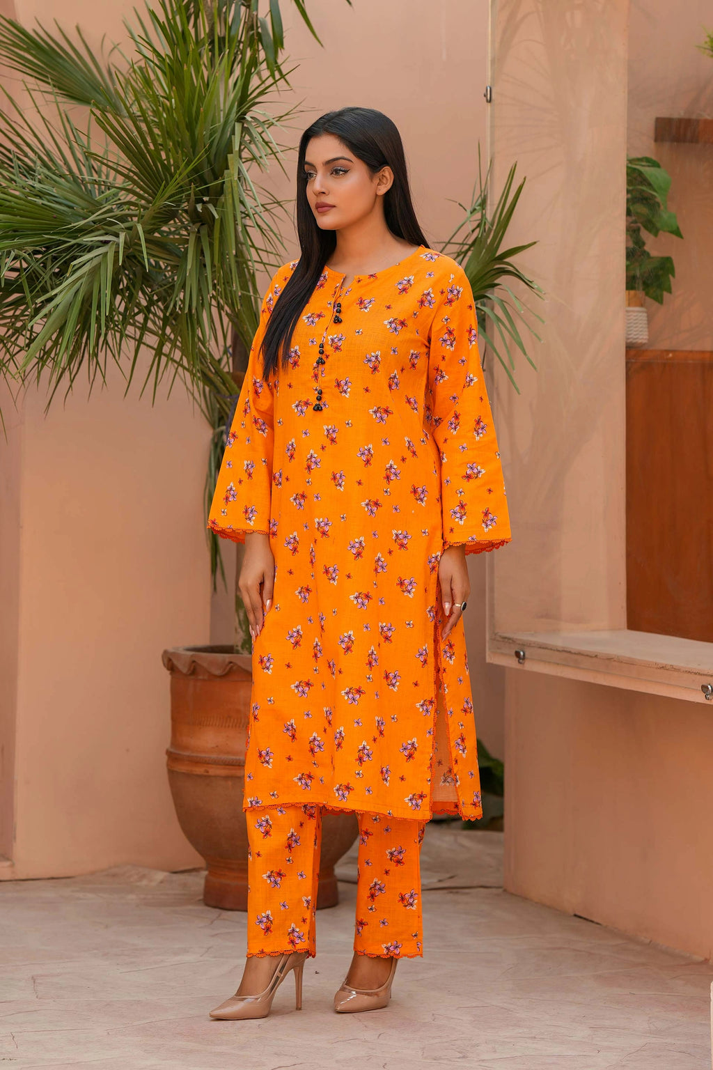 Luxury Winter Khaddar Suit for Women | Orange Floral All-Over Print