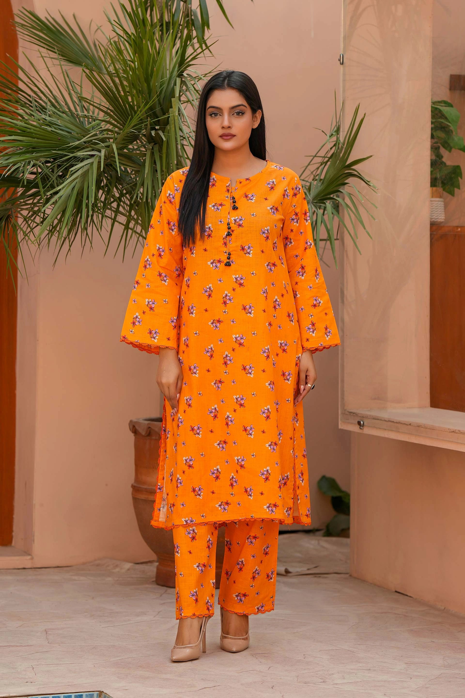 Luxury Winter Khaddar Suit for Women | Orange Floral All-Over Print