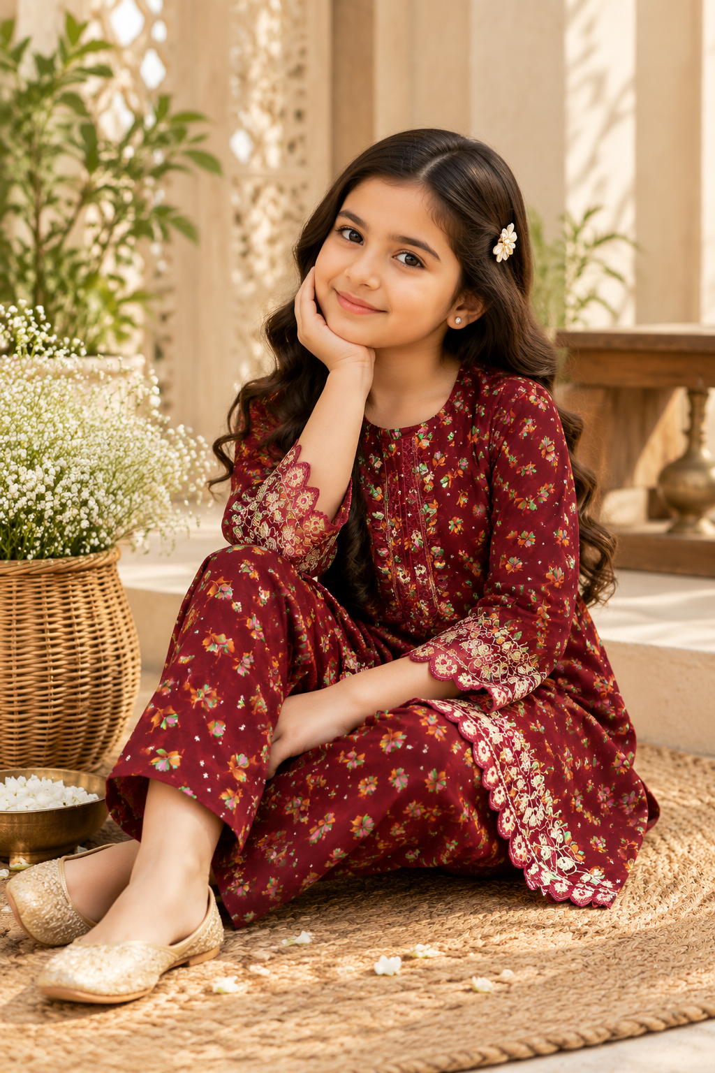 Burgundy Bloom Printed Kotrai Embroidered 2Pc Winter Suit