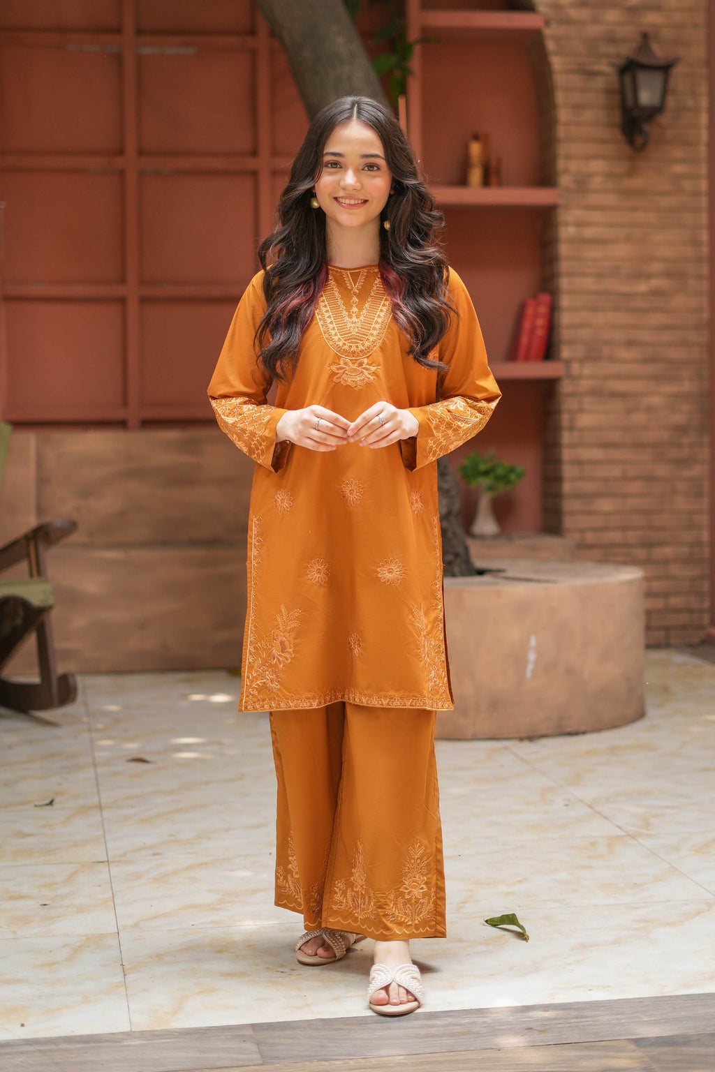 Amber Bloom Premium Cotton Embroidered 2Pc – Burnt Orange (RTW)